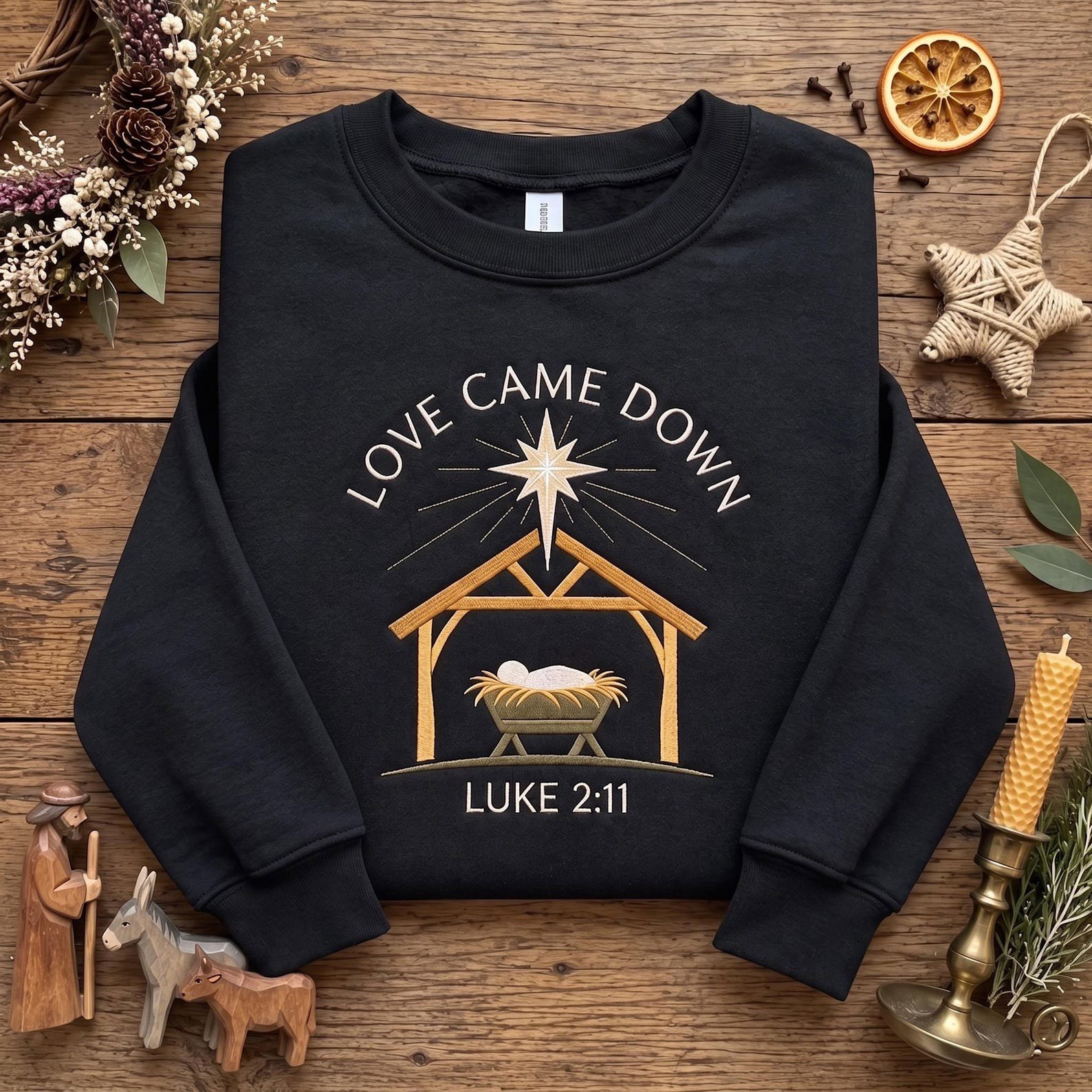 Love Came Down Embroidered Sweatshirt, Luke 2:11 Nativity Crewneck, Christian Christmas Shirt, Jesus Manger Faith Holiday Gift 2