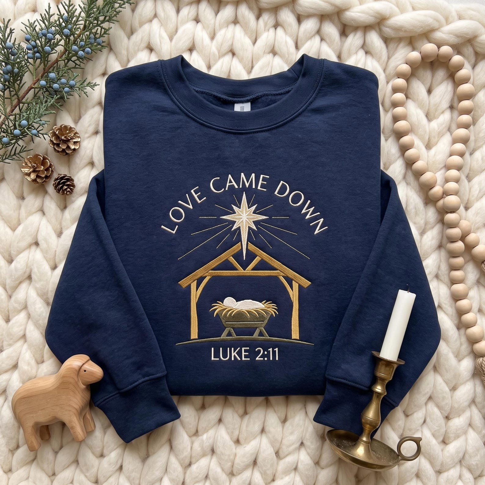 Love Came Down Embroidered Sweatshirt, Luke 2:11 Nativity Crewneck, Christian Christmas Shirt, Jesus Manger Faith Holiday Gift 3