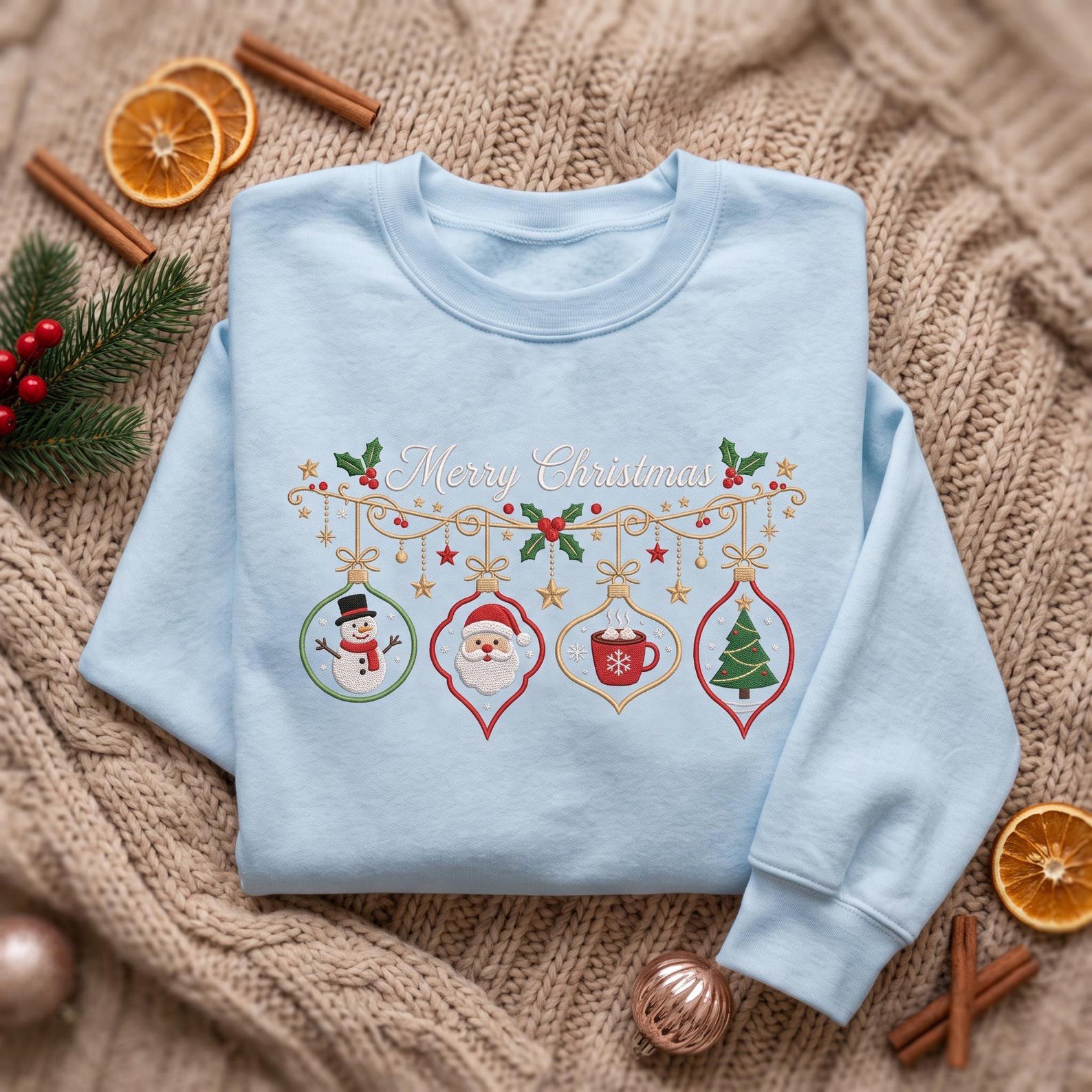 Christmas Ornament Embroidered Sweatshirt, Merry Christmas Santa Snowman Tree Crewneck, Cozy Vintage Holiday Sweater, Xmas Gift Idea 1