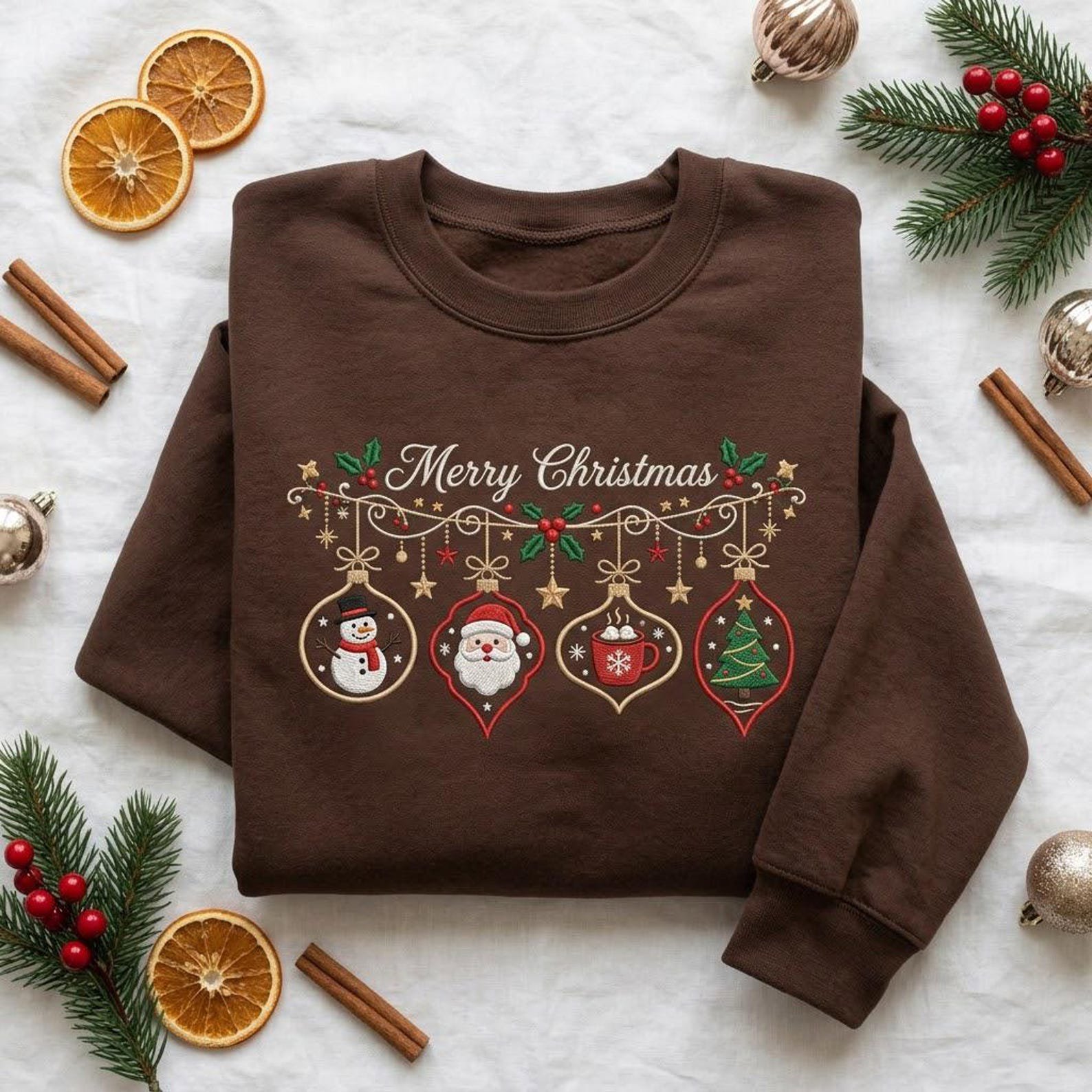Christmas Ornament Embroidered Sweatshirt, Merry Christmas Santa Snowman Tree Crewneck, Cozy Vintage Holiday Sweater, Xmas Gift Idea 2