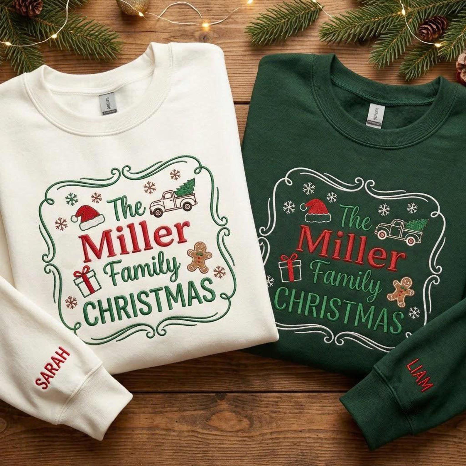 Personalized Family Christmas Embroidered Sweatshirt, Custom Last Name Holiday Crewneck, Matching Christmas Gift Set with Sleeve Name 1