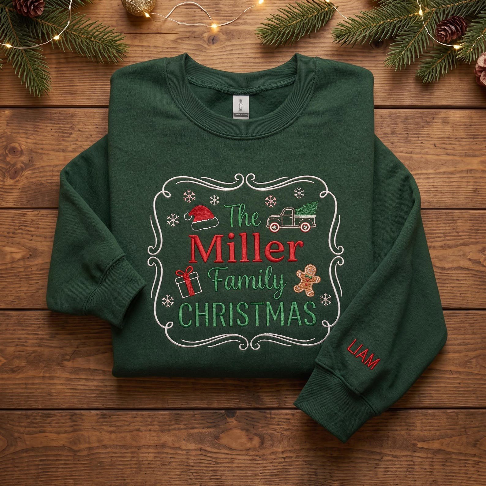 Personalized Family Christmas Embroidered Sweatshirt, Custom Last Name Holiday Crewneck, Matching Christmas Gift Set with Sleeve Name 2