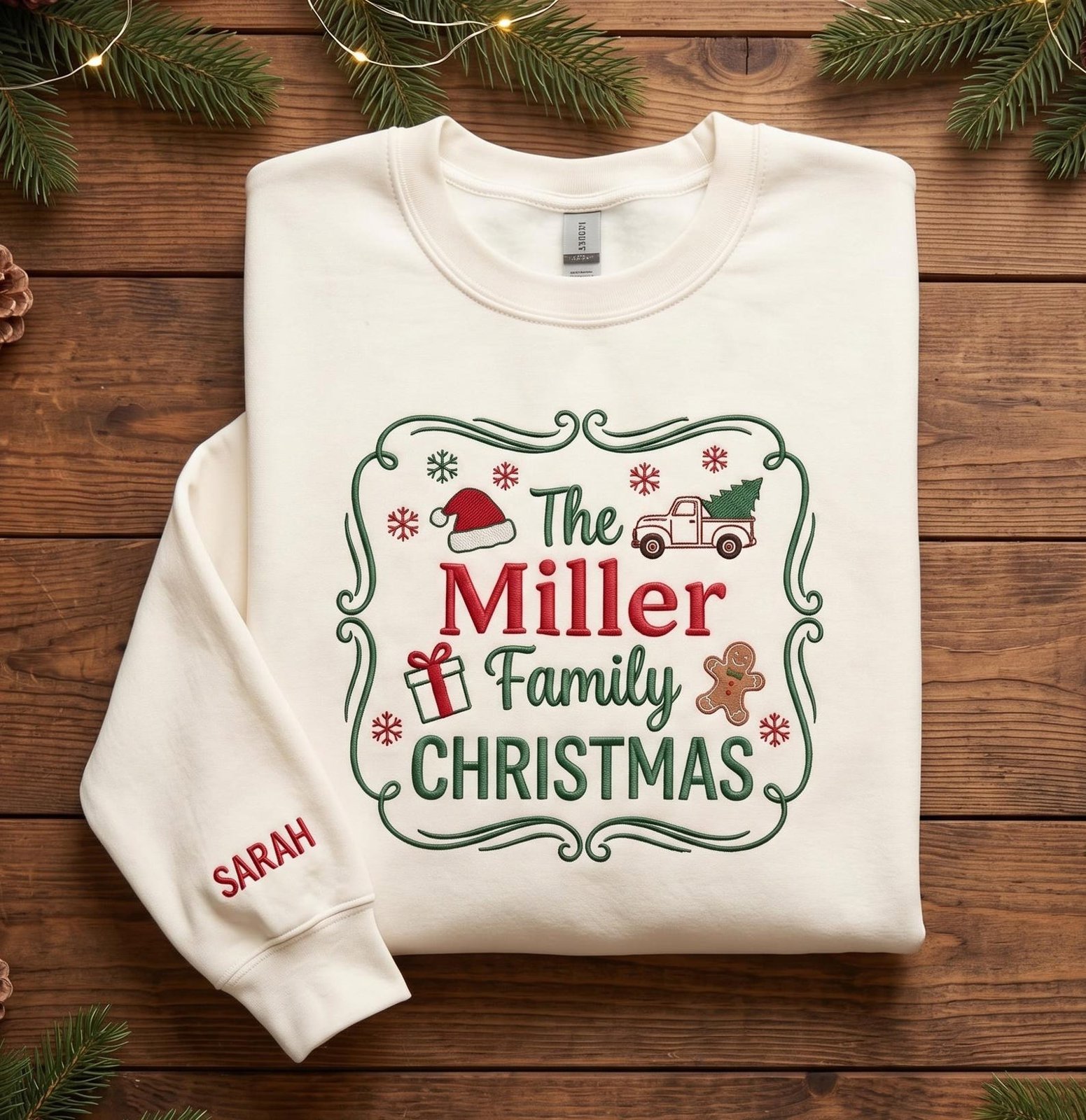 Personalized Family Christmas Embroidered Sweatshirt, Custom Last Name Holiday Crewneck, Matching Christmas Gift Set with Sleeve Name 3