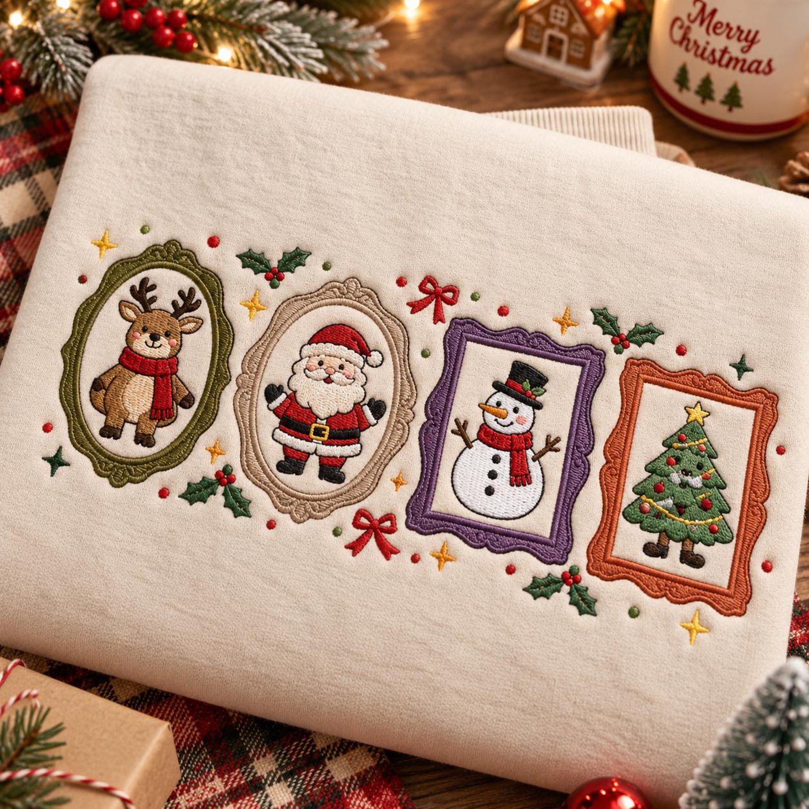 Vintage Christmas Embroidered Sweatshirt, Santa Reindeer Snowman Tree Portrait Crewneck, Festive Holiday Character Shirt, Xmas Gift 2