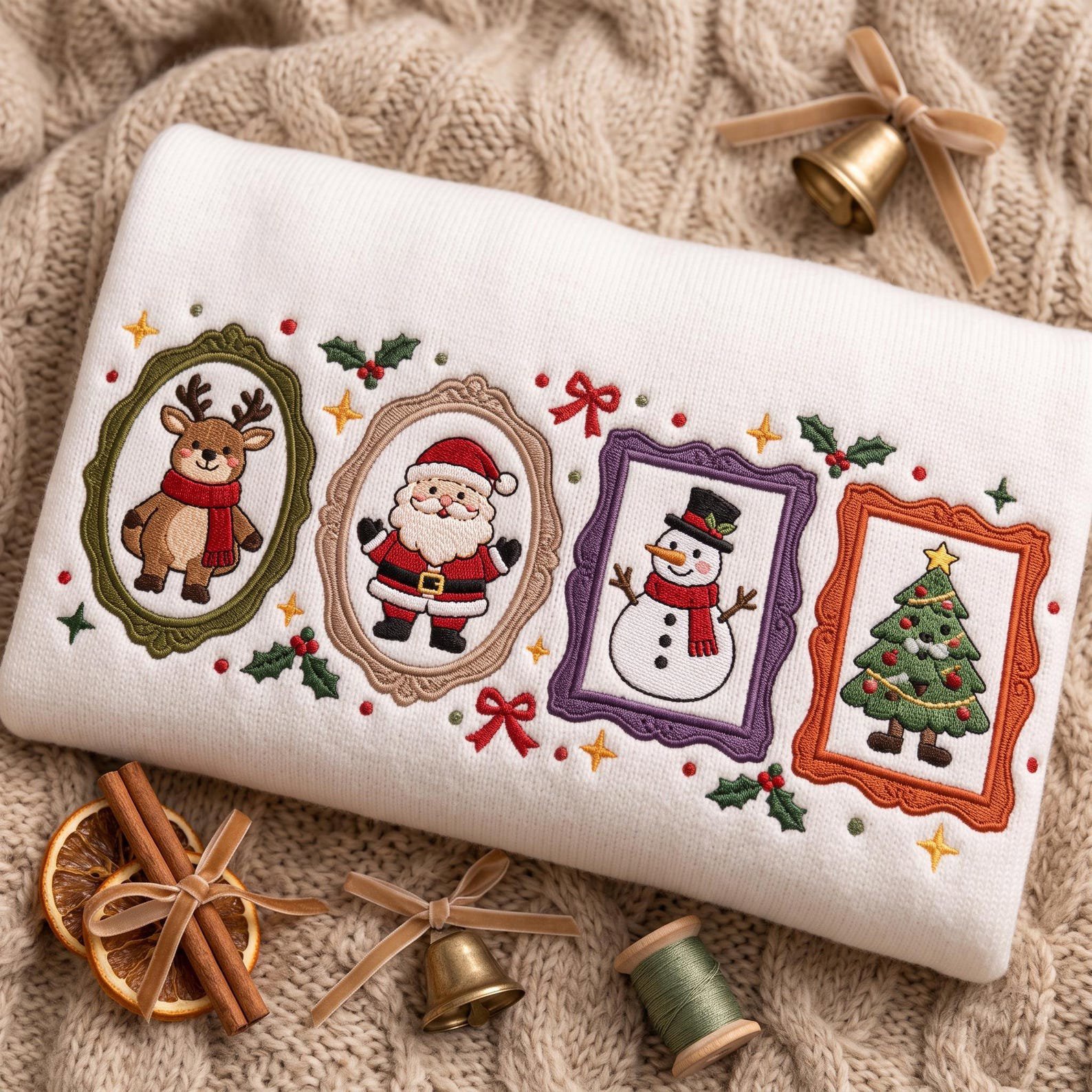 Vintage Christmas Embroidered Sweatshirt, Santa Reindeer Snowman Tree Portrait Crewneck, Festive Holiday Character Shirt, Xmas Gift 1