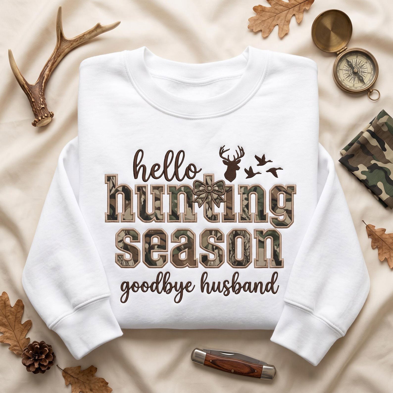 Funny Hunting Season Embroidered Sweatshirt, Hello Hunting Goodbye Husband Crewneck, Camo Deer Design, Hunter Wife Gift Idea for Her 2