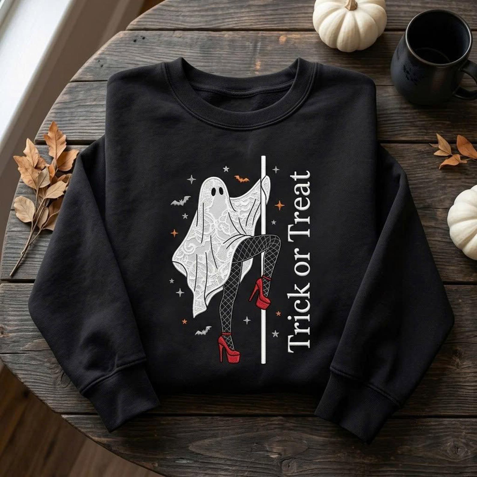 Pole Dancing Ghost Embroidered Sweatshirt, Trick or Treat Halloween Crewneck, Funny Spooky Ghost Shirt, Cute Halloween Party Gift 1