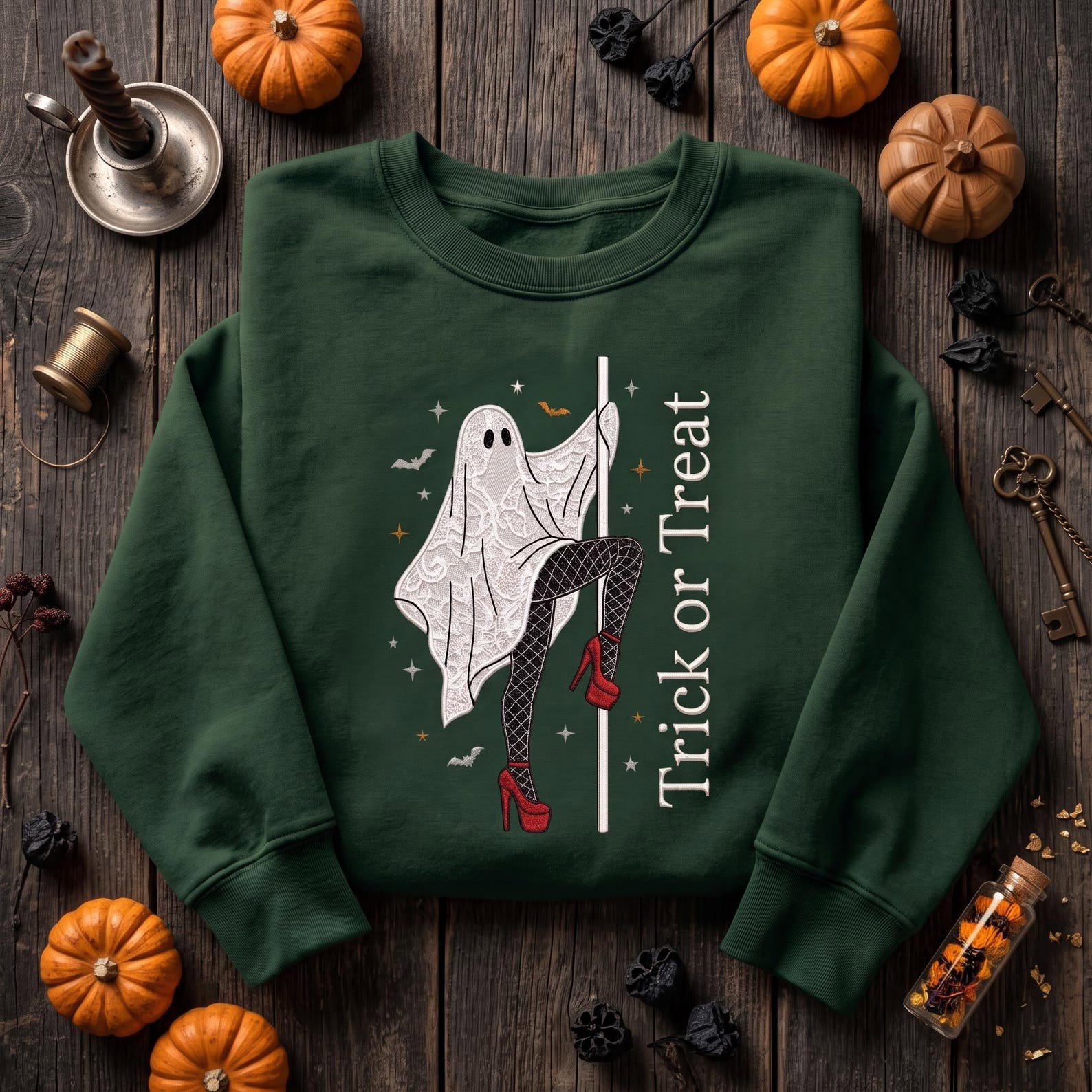 Pole Dancing Ghost Embroidered Sweatshirt, Trick or Treat Halloween Crewneck, Funny Spooky Ghost Shirt, Cute Halloween Party Gift 3