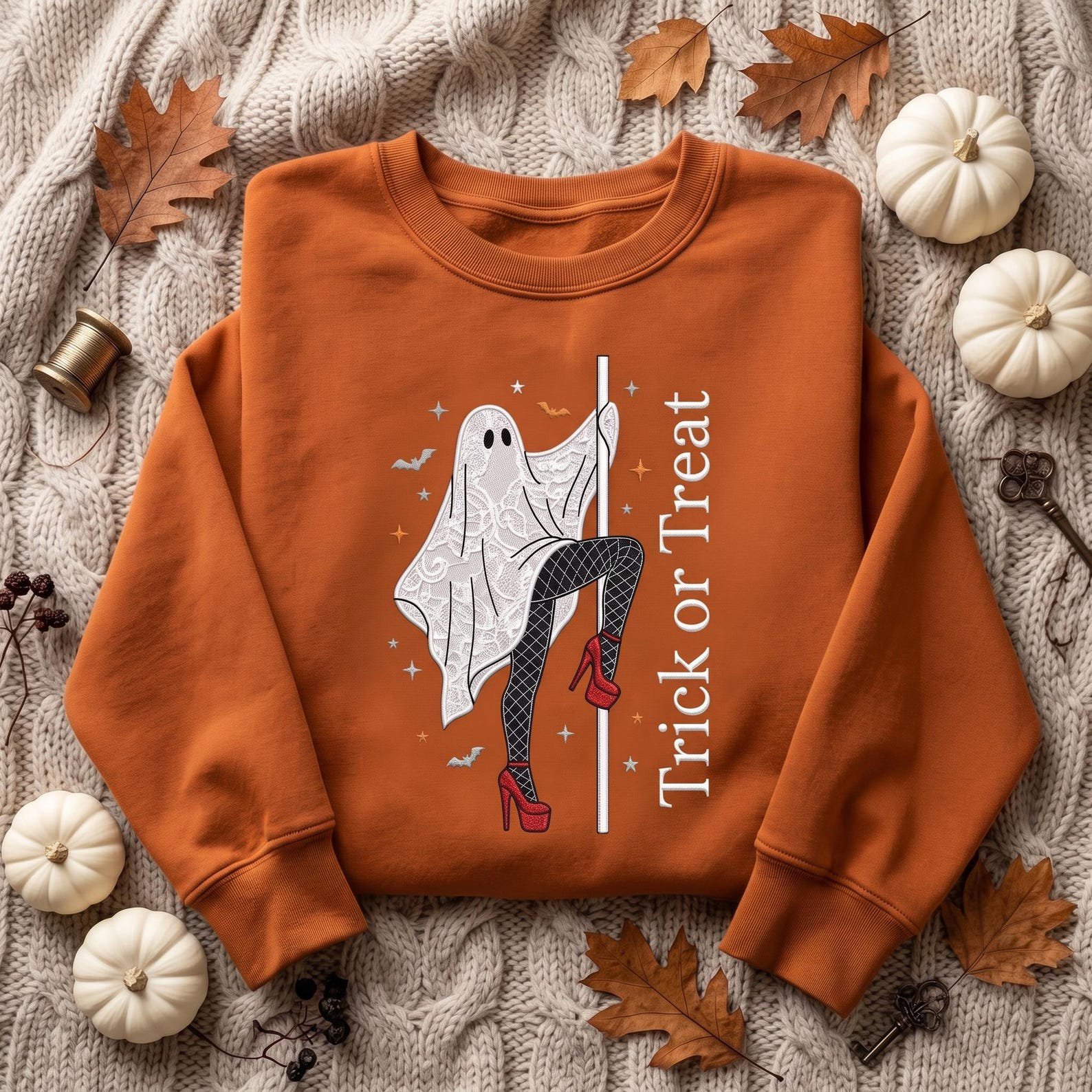 Pole Dancing Ghost Embroidered Sweatshirt, Trick or Treat Halloween Crewneck, Funny Spooky Ghost Shirt, Cute Halloween Party Gift 2