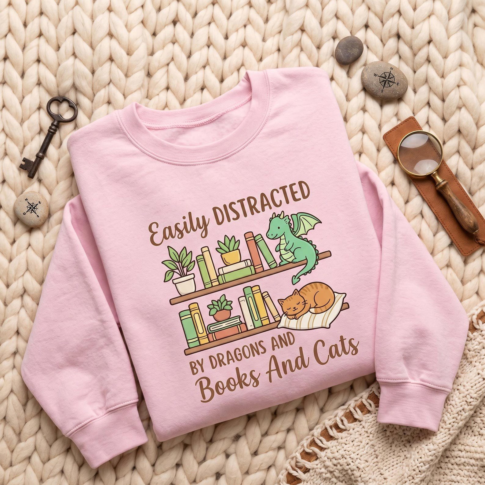 Dragons Books and Cats Embroidered Sweatshirt, Easily Distracted Funny Reader Crewneck, Fantasy Book Lover Cat Dragon Cozy Gift Idea 2
