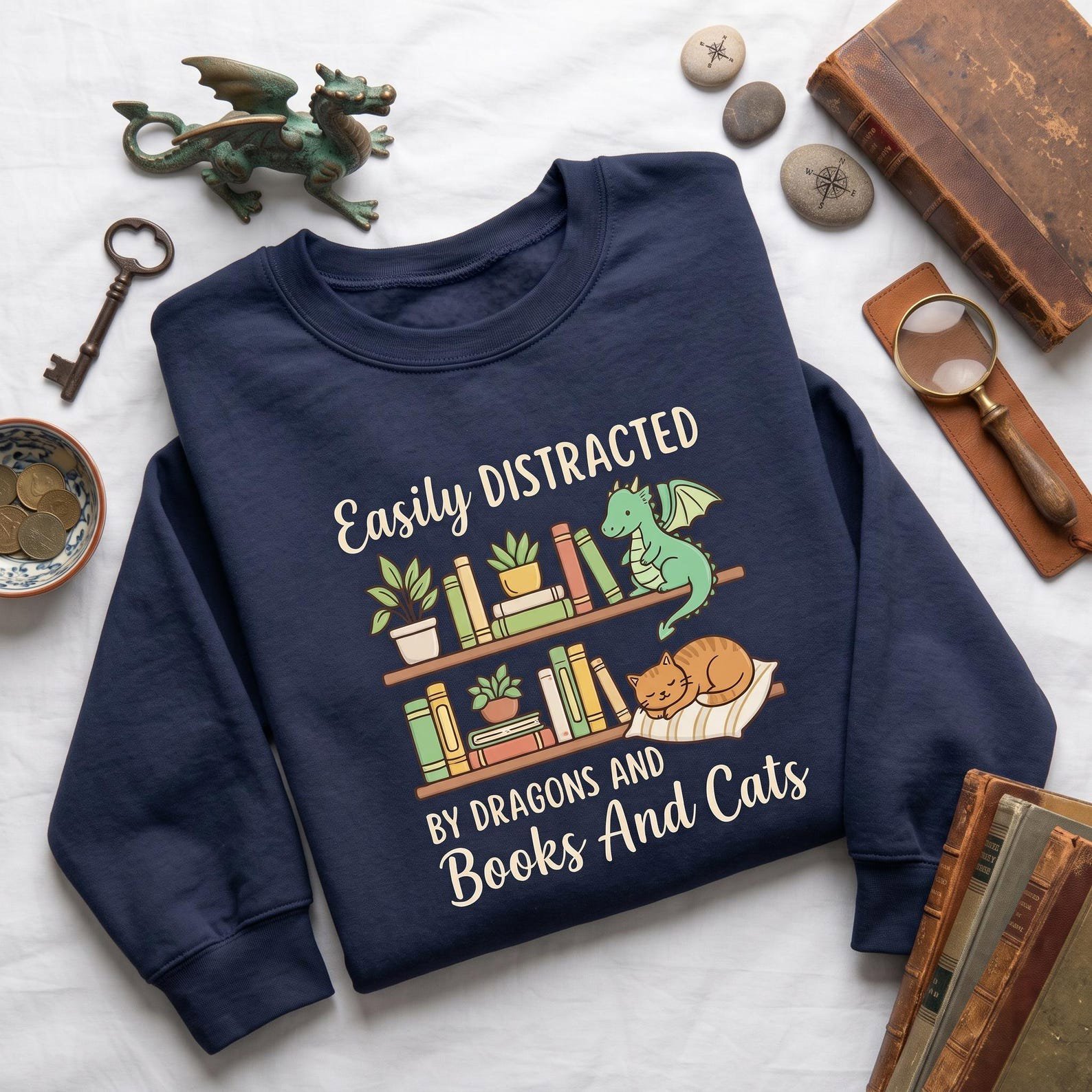 Dragons Books and Cats Embroidered Sweatshirt, Easily Distracted Funny Reader Crewneck, Fantasy Book Lover Cat Dragon Cozy Gift Idea 3