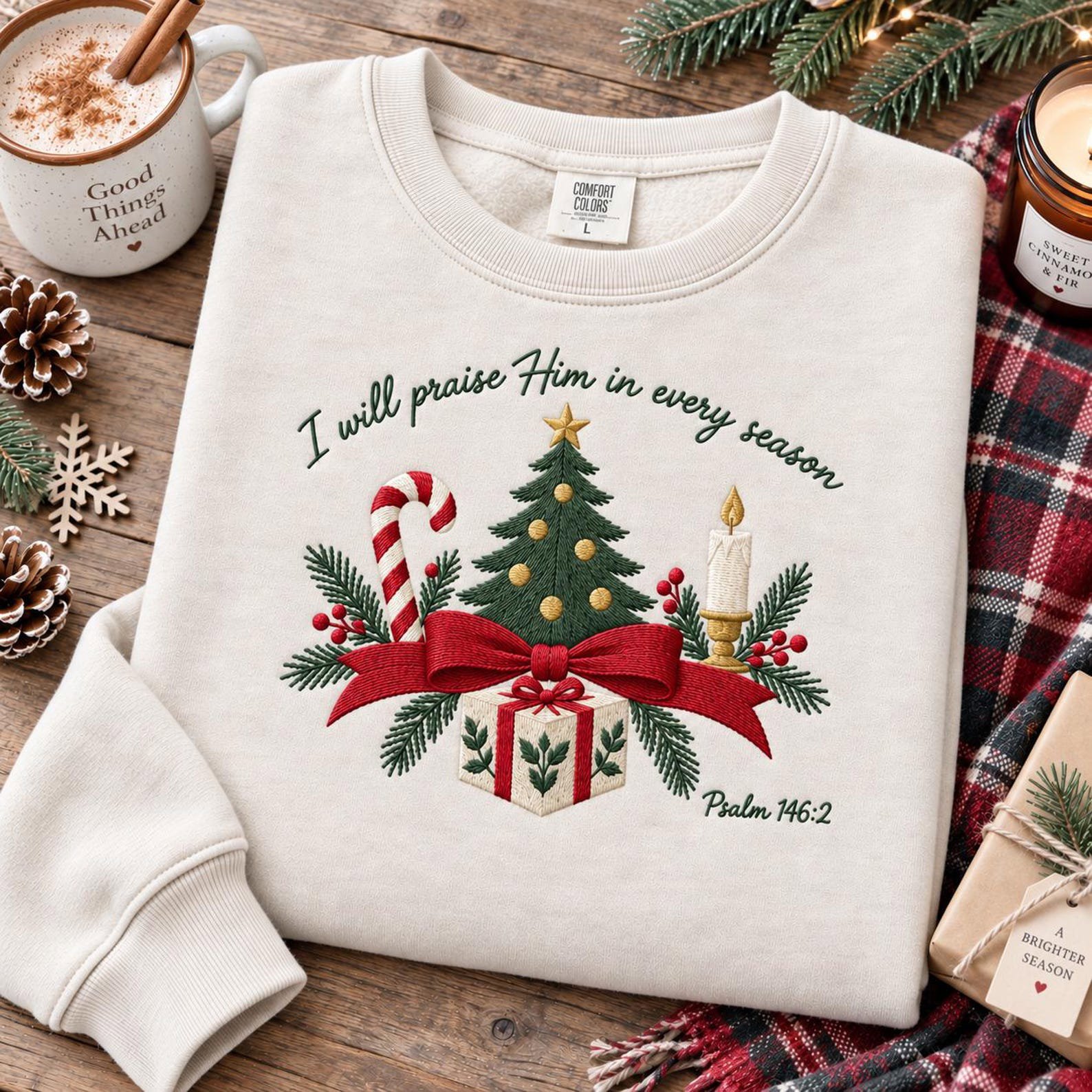 Praise Him in Every Season Embroidered Sweatshirt, Psalm 146:2 Christian Christmas Crewneck, Faith Holiday Shirt, Religious Gift 2