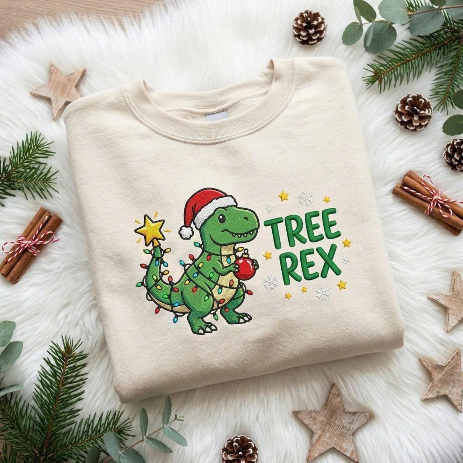 Christmas Dinosaur Embroidered Sweatshirt, Tree Rex Holiday Crewneck, Funny T Rex Christmas Tree Shirt, Cute Festive Dino Xmas Gift 1