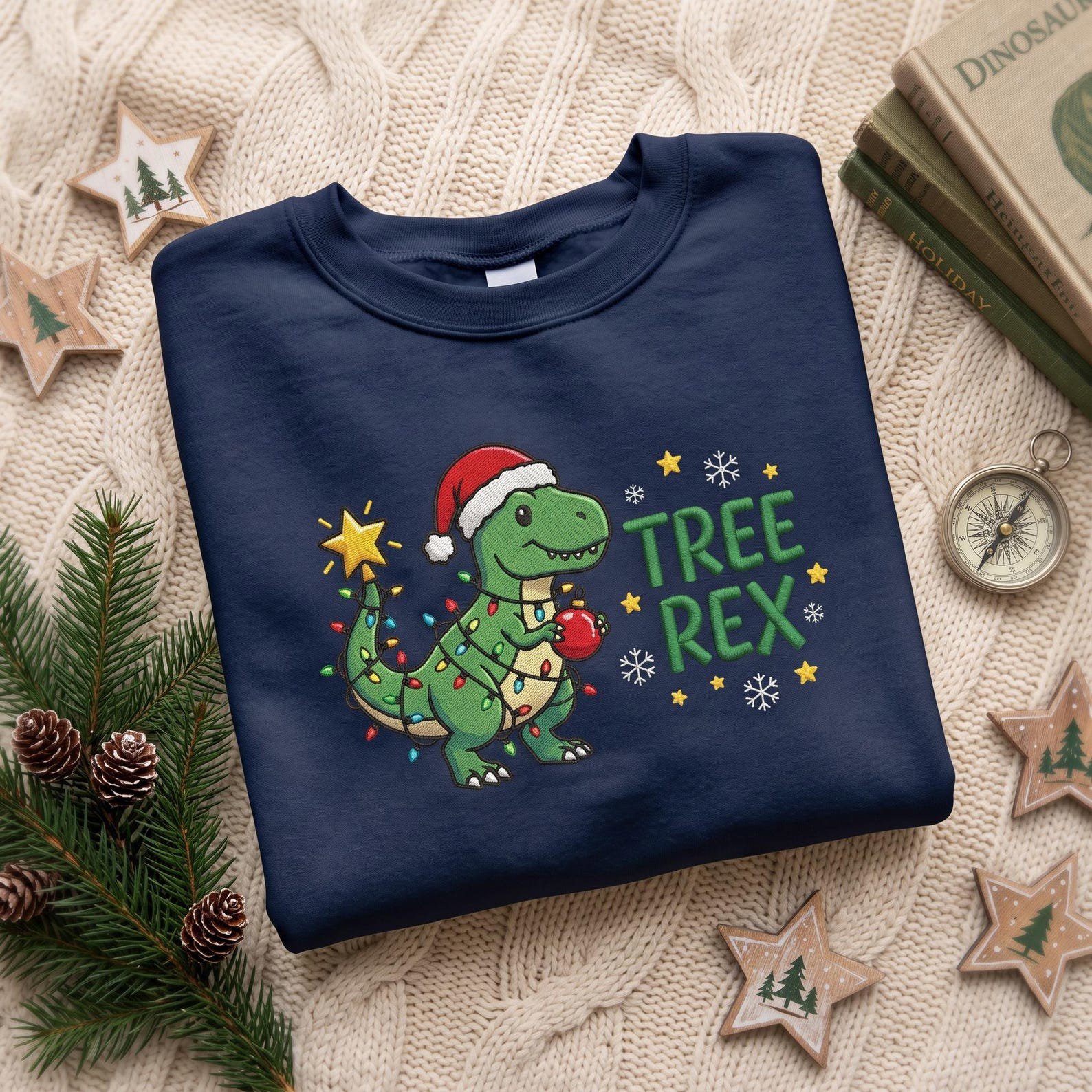 Christmas Dinosaur Embroidered Sweatshirt, Tree Rex Holiday Crewneck, Funny T Rex Christmas Tree Shirt, Cute Festive Dino Xmas Gift 3