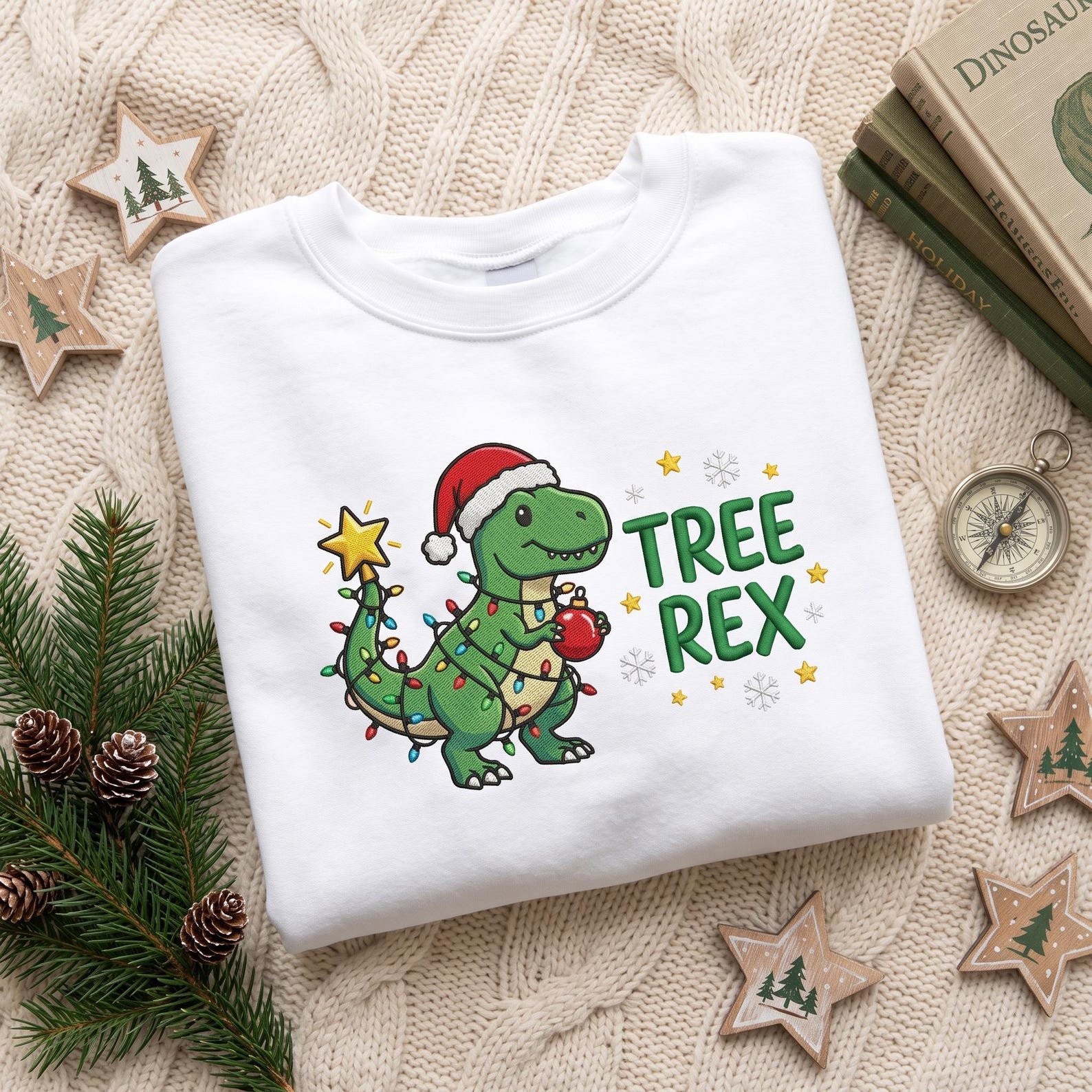 Christmas Dinosaur Embroidered Sweatshirt, Tree Rex Holiday Crewneck, Funny T Rex Christmas Tree Shirt, Cute Festive Dino Xmas Gift 2