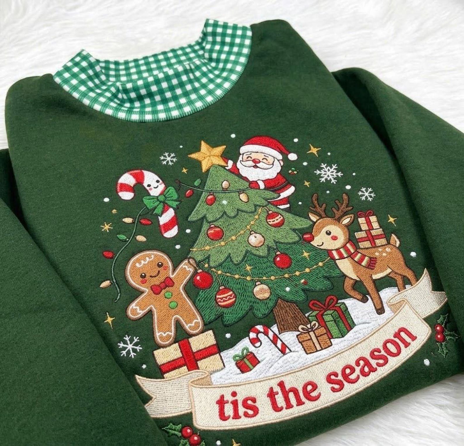 Gingham Mock Neck Christmas Sweatshirt, Embroidered Santa Reindeer Tree Gingerbread Holiday Pullover, Tis the Season Festive Gift Idea 1