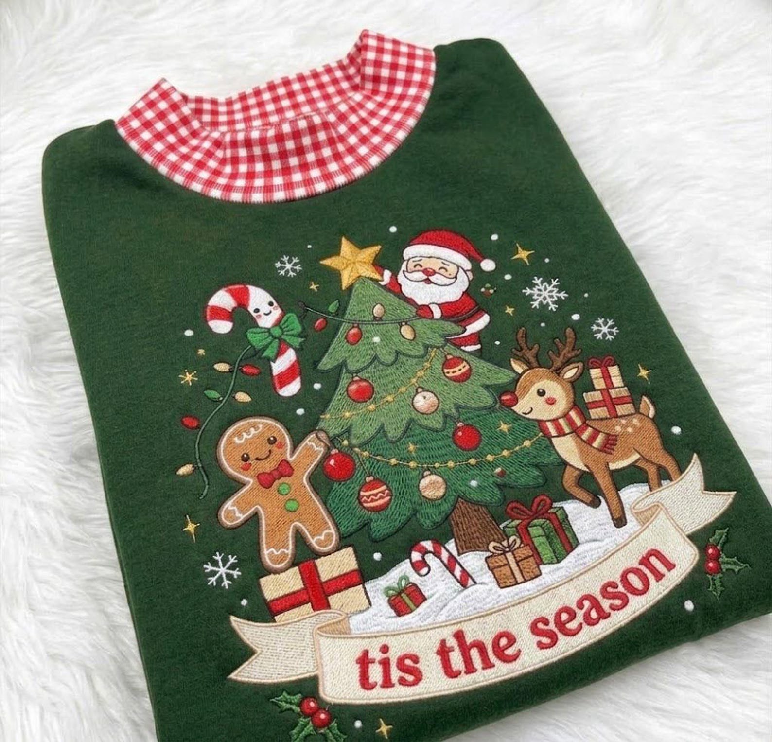 Gingham Mock Neck Christmas Sweatshirt, Embroidered Santa Reindeer Tree Gingerbread Holiday Pullover, Tis the Season Festive Gift Idea 5