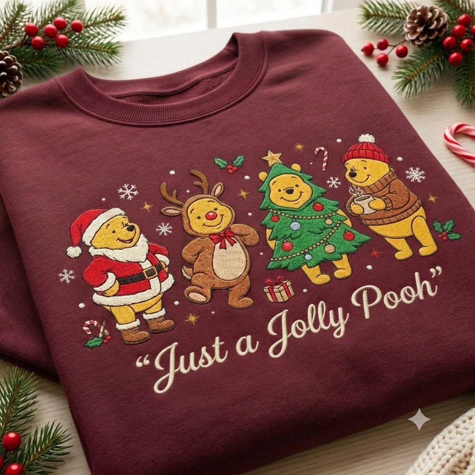 Winnie the Pooh Christmas Embroidered Sweatshirt, Jolly Pooh Holiday Crewneck, Cute Hundred Acre Wood Winter Pullover, Pooh Bear Gift 4
