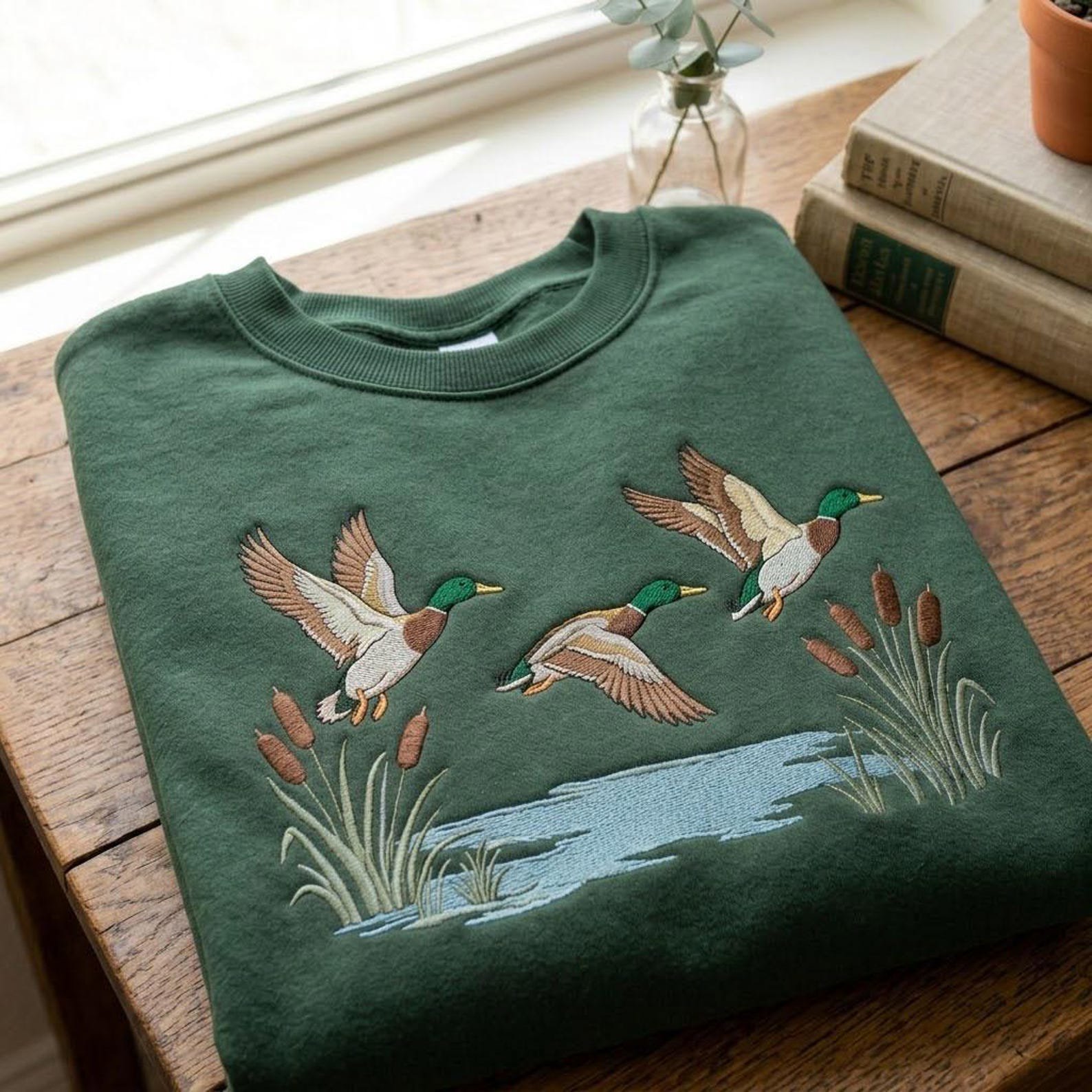 Flying Mallard Embroidered Sweatshirt, Duck Hunting Crewneck, Waterfowl Wildlife Shirt, Outdoorsman Hunter Nature Lover Gift 3