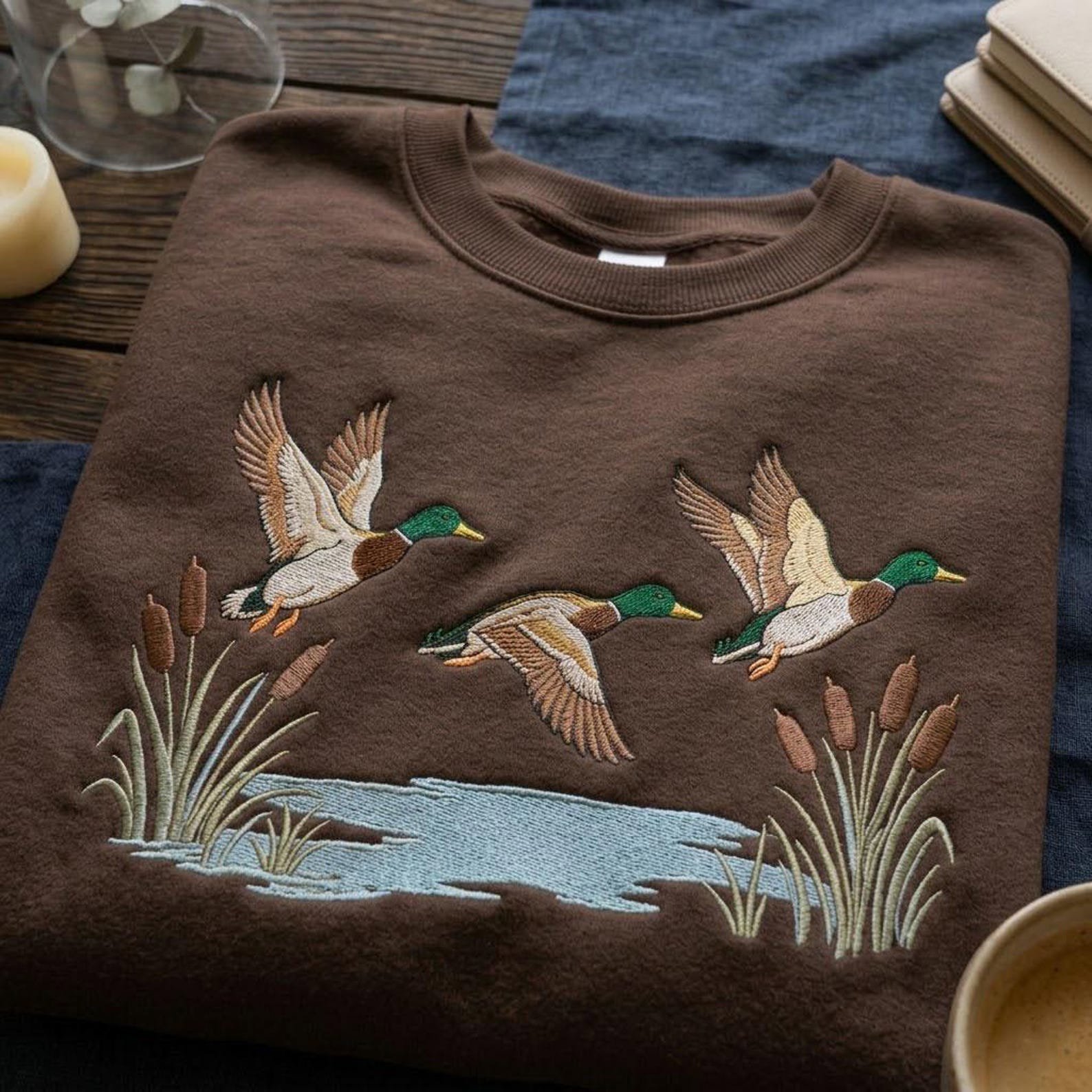 Flying Mallard Embroidered Sweatshirt, Duck Hunting Crewneck, Waterfowl Wildlife Shirt, Outdoorsman Hunter Nature Lover Gift 1