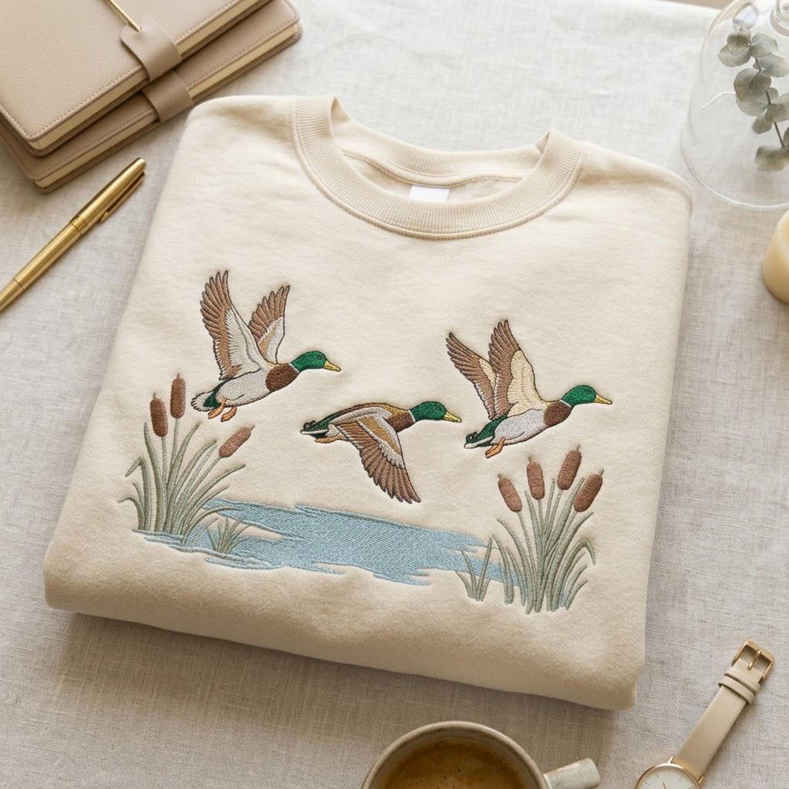 Flying Mallard Embroidered Sweatshirt, Duck Hunting Crewneck, Waterfowl Wildlife Shirt, Outdoorsman Hunter Nature Lover Gift 2