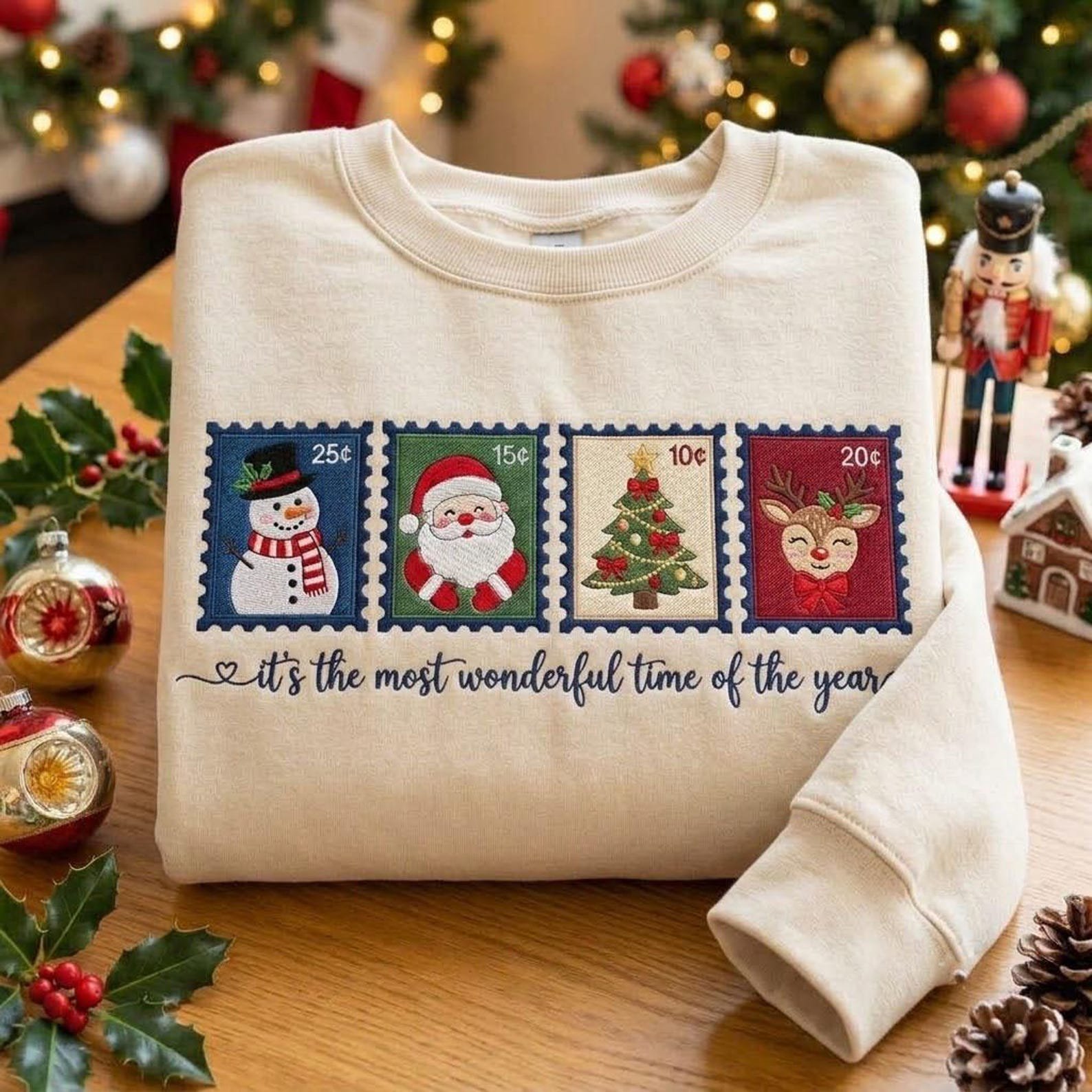 Vintage Christmas Stamp Embroidered Sweatshirt, Santa Snowman Reindeer Tree Crewneck, Most Wonderful Time of Year Holiday Shirt 3