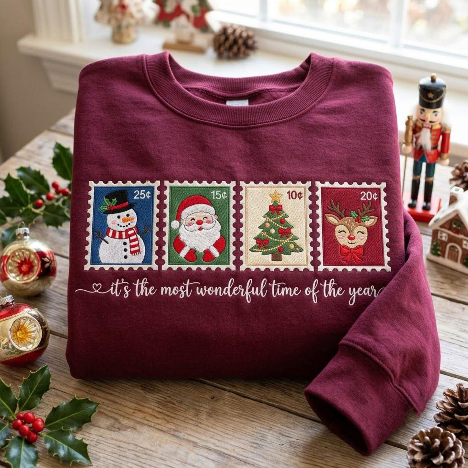 Vintage Christmas Stamp Embroidered Sweatshirt, Santa Snowman Reindeer Tree Crewneck, Most Wonderful Time of Year Holiday Shirt 4