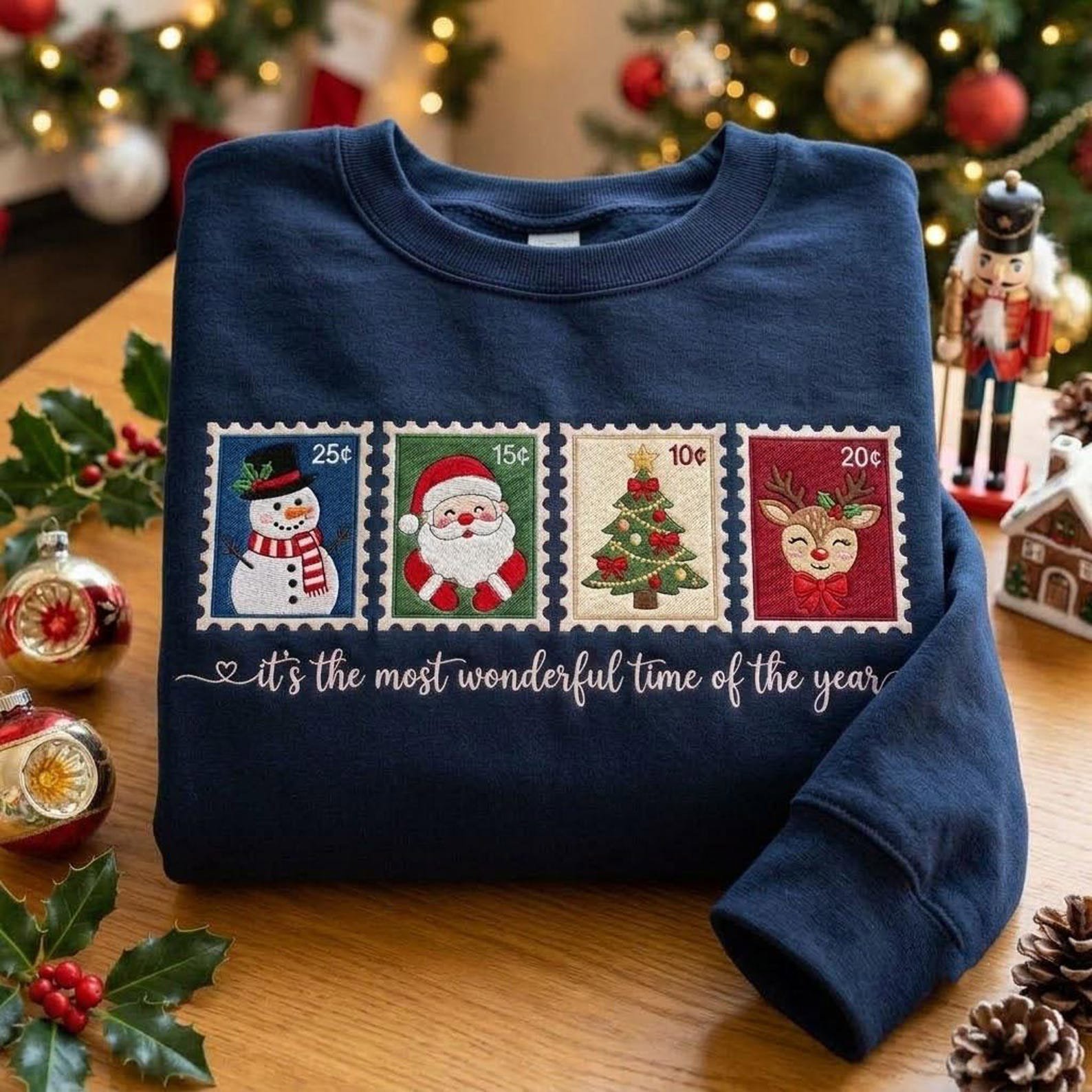 Vintage Christmas Stamp Embroidered Sweatshirt, Santa Snowman Reindeer Tree Crewneck, Most Wonderful Time of Year Holiday Shirt 2