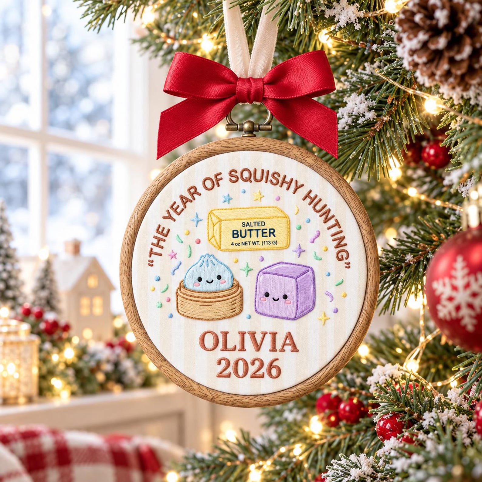 Custom Name Christmas Ornament, Embroidered Hoop Holiday Keepsake, Cute Squishy Hunting Design, Personalized Christmas Tree Gift Idea 2