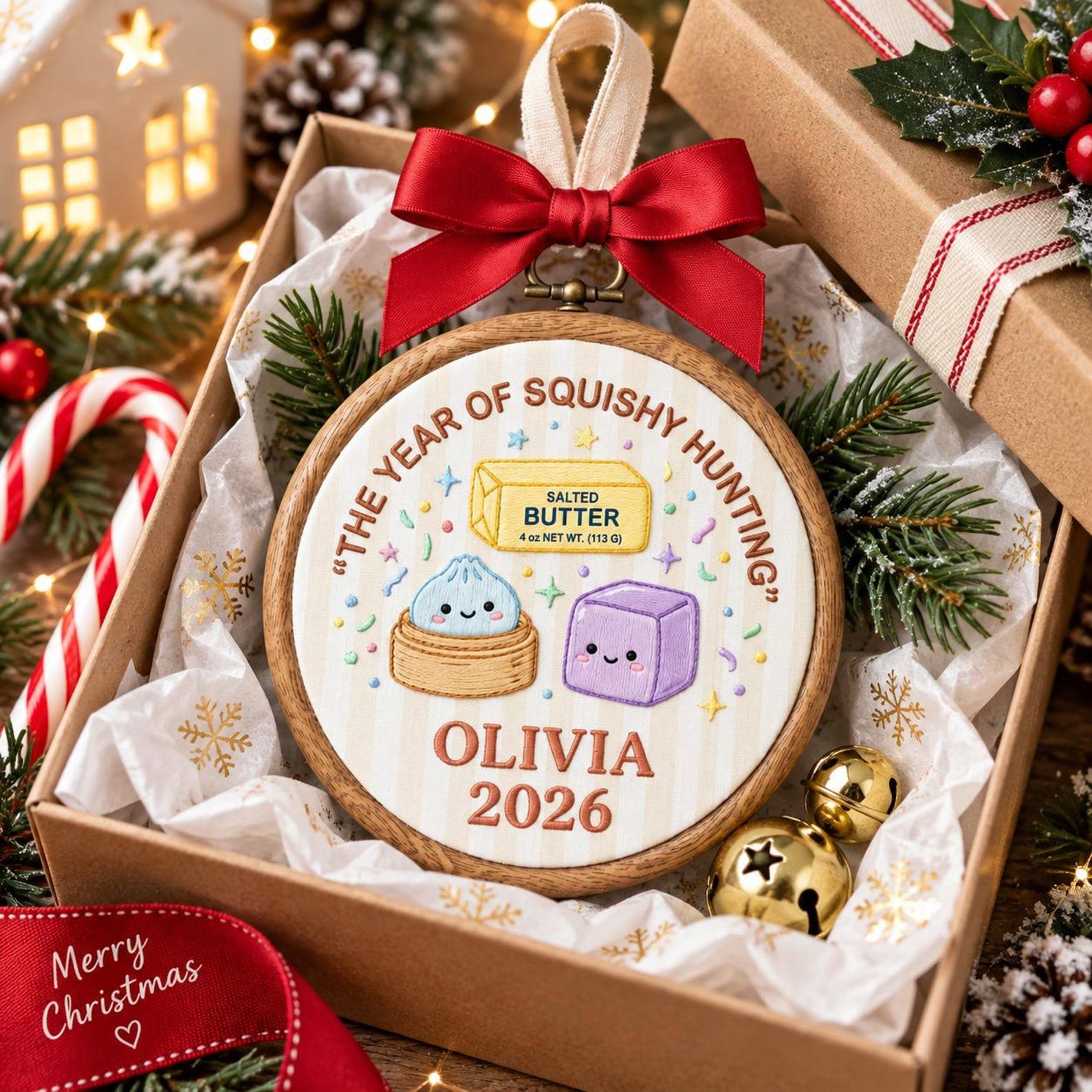 Custom Name Christmas Ornament, Embroidered Hoop Holiday Keepsake, Cute Squishy Hunting Design, Personalized Christmas Tree Gift Idea 3