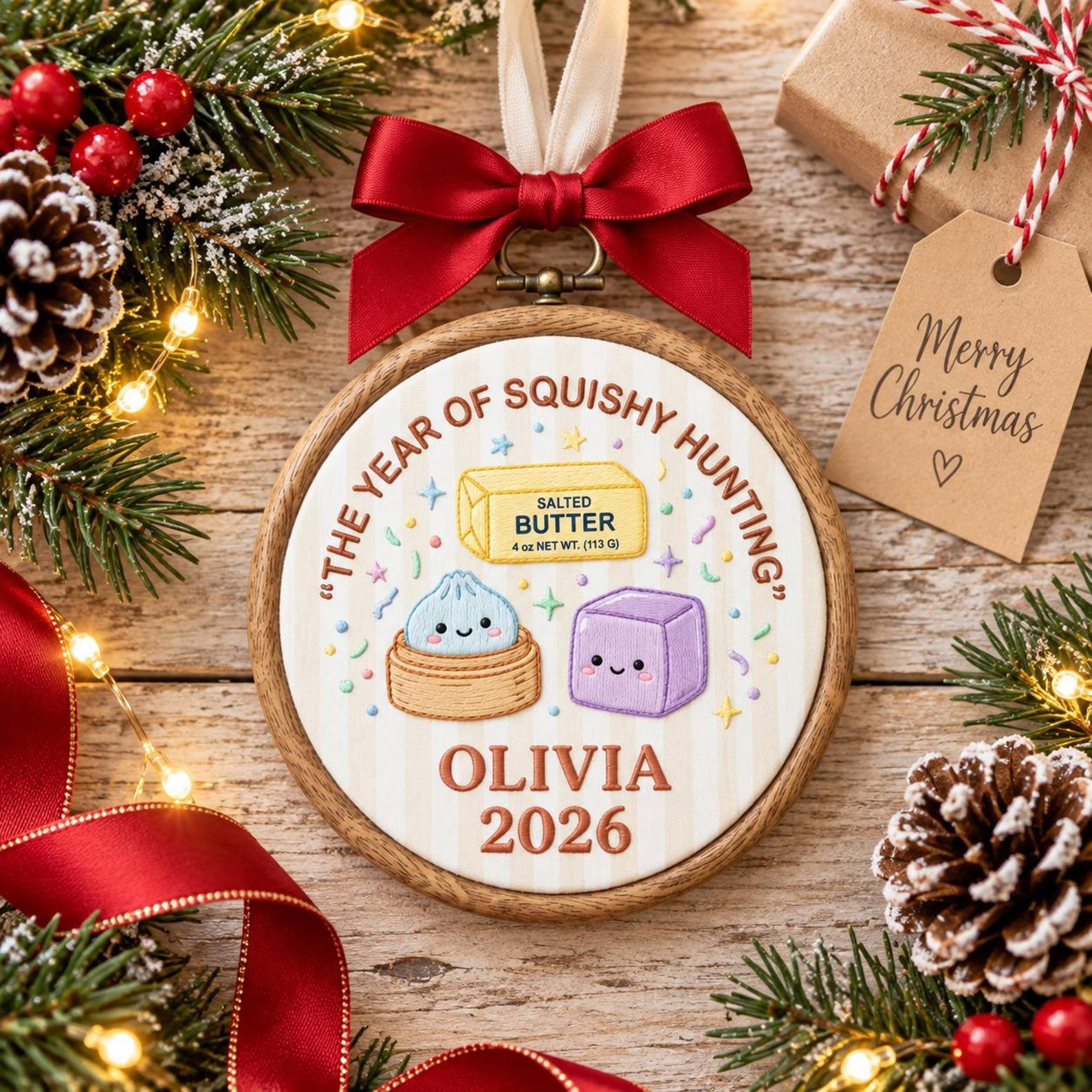 Custom Name Christmas Ornament, Embroidered Hoop Holiday Keepsake, Cute Squishy Hunting Design, Personalized Christmas Tree Gift Idea 1