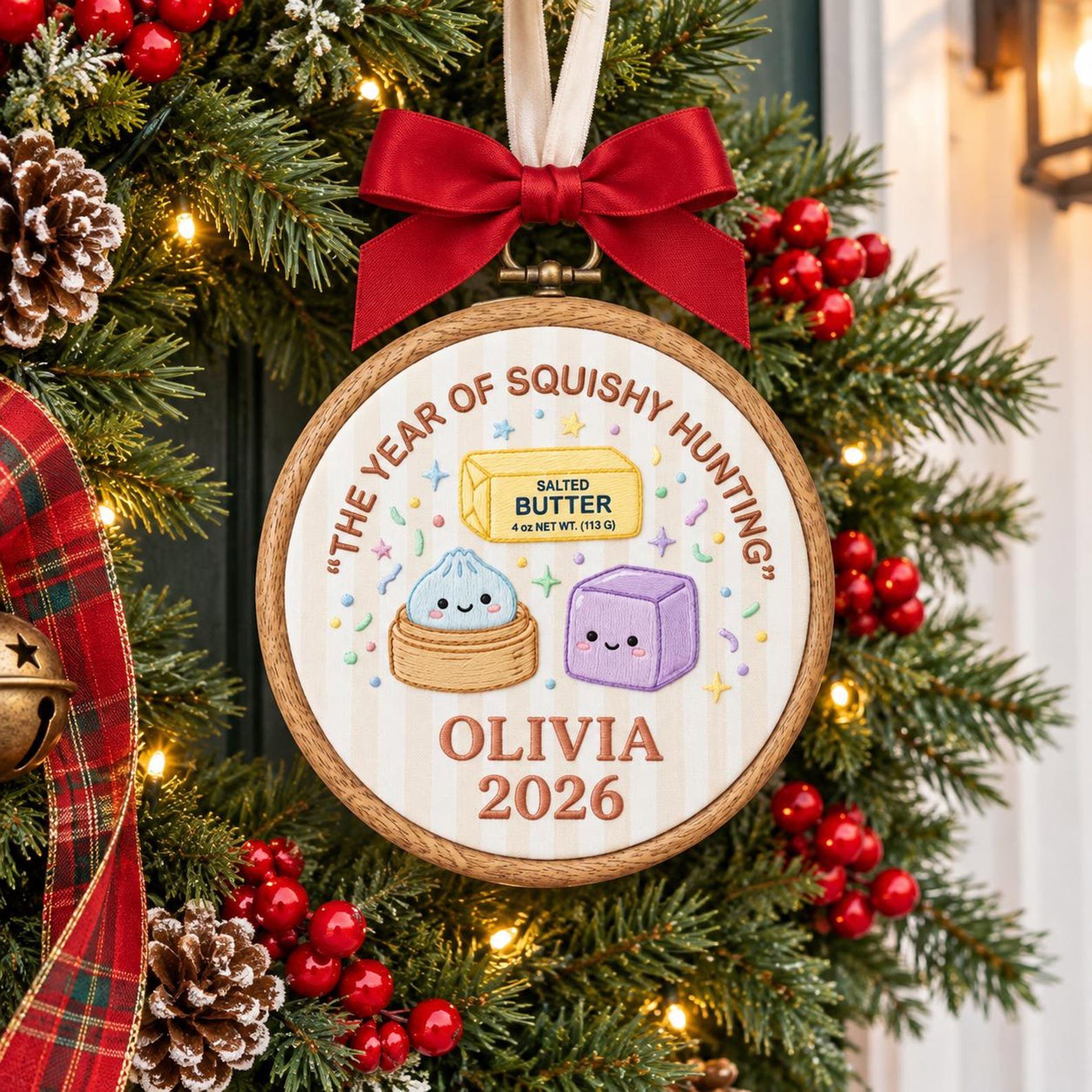 Custom Name Christmas Ornament, Embroidered Hoop Holiday Keepsake, Cute Squishy Hunting Design, Personalized Christmas Tree Gift Idea 5