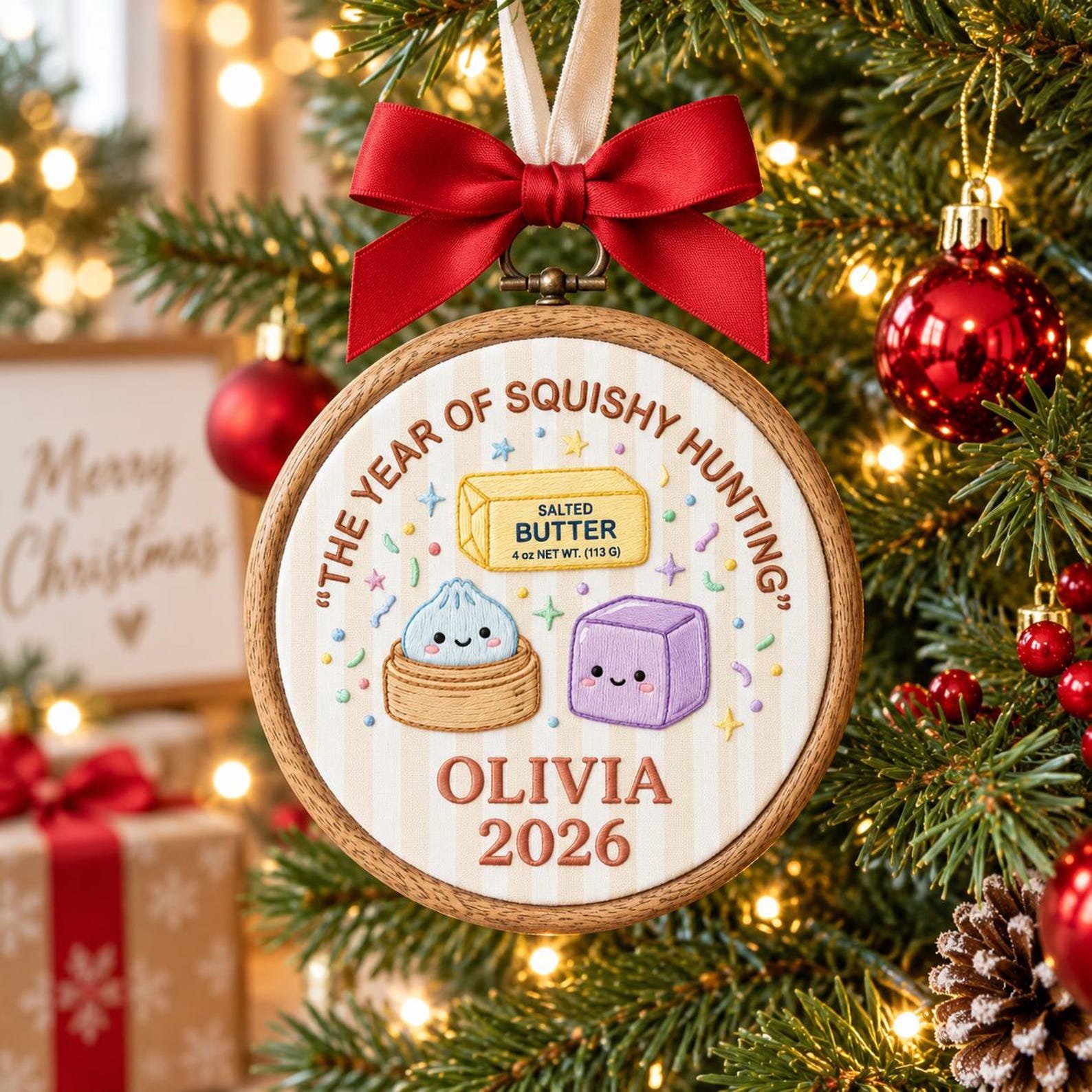 Custom Name Christmas Ornament, Embroidered Hoop Holiday Keepsake, Cute Squishy Hunting Design, Personalized Christmas Tree Gift Idea 4