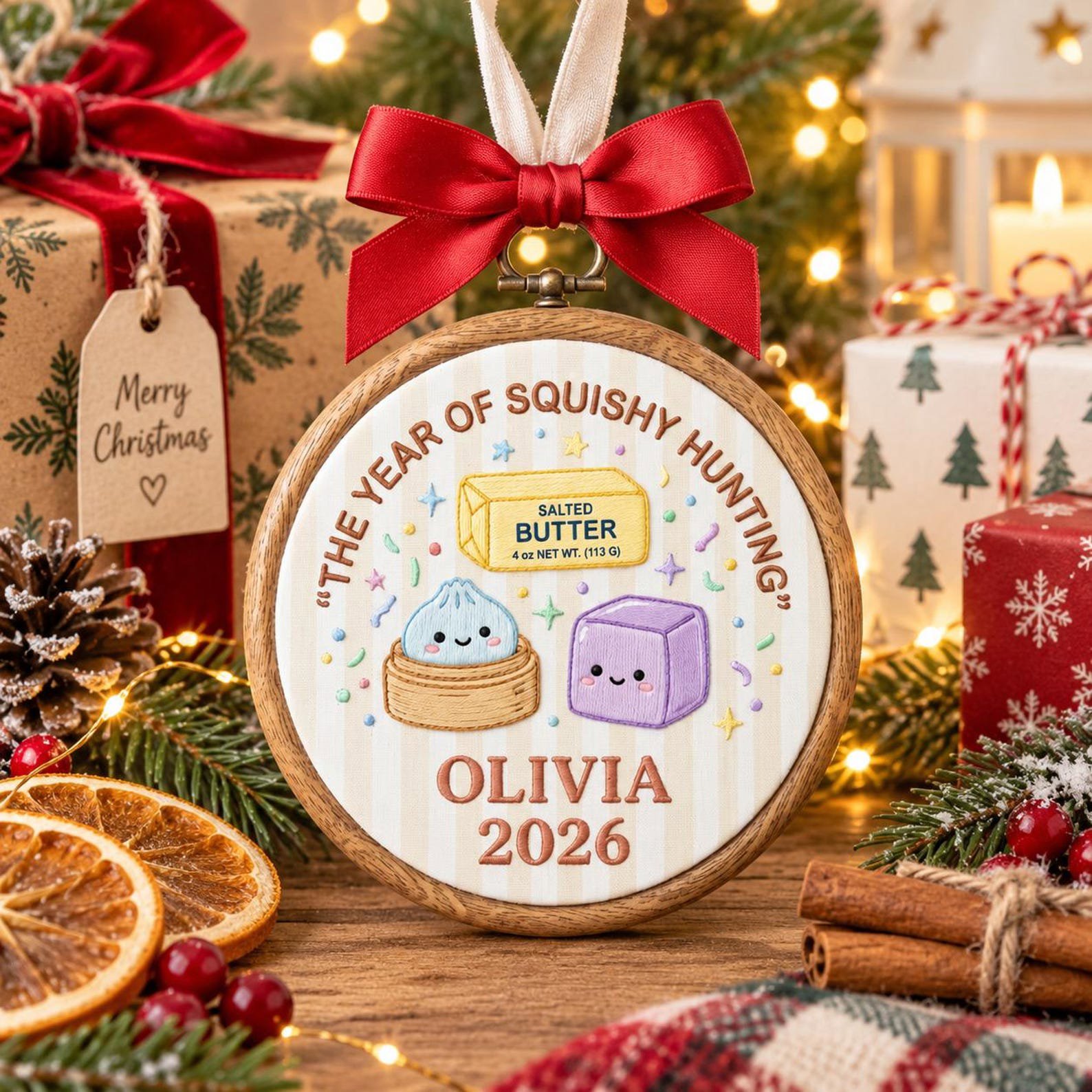 Custom Name Christmas Ornament, Embroidered Hoop Holiday Keepsake, Cute Squishy Hunting Design, Personalized Christmas Tree Gift Idea 6