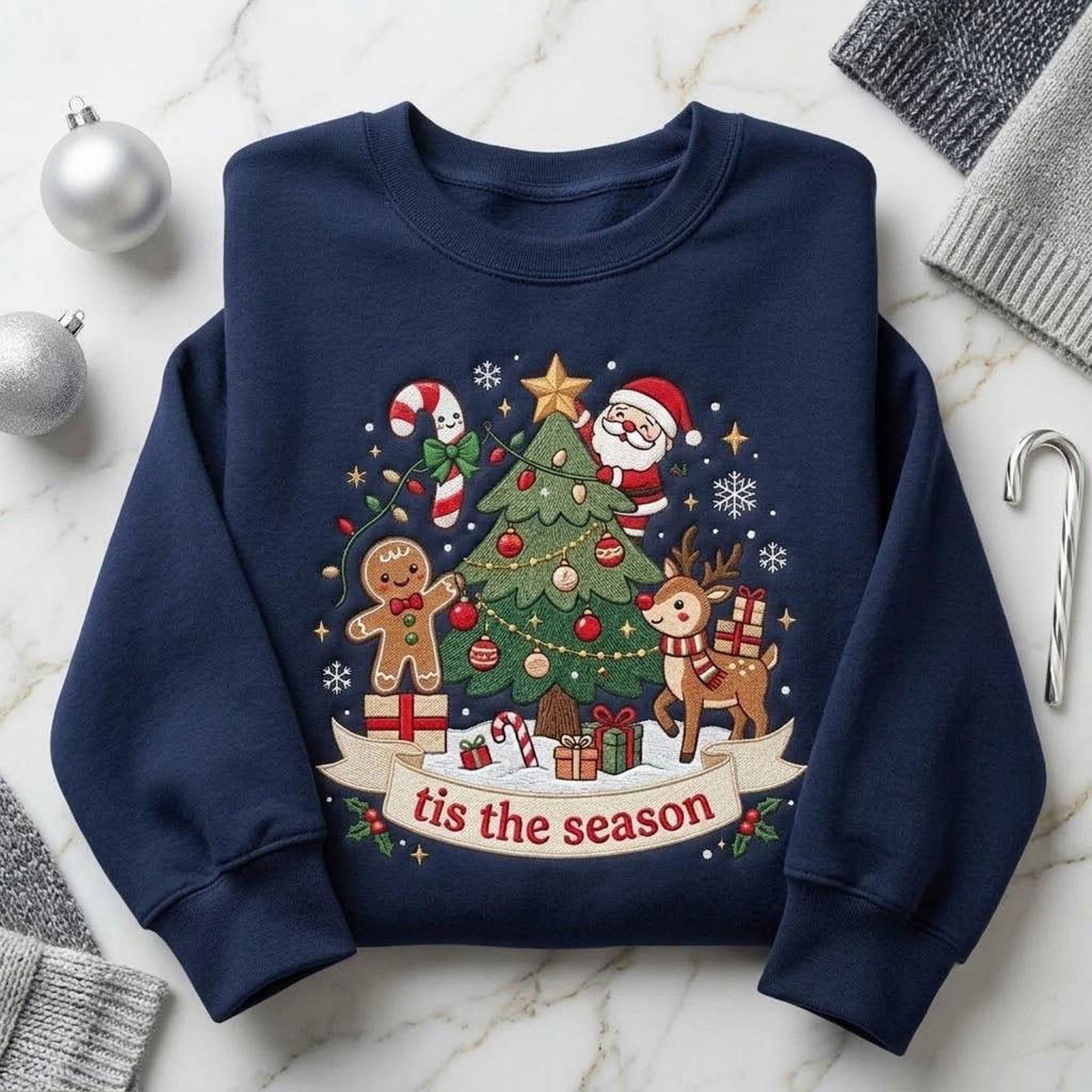 Christmas Tree Embroidered Sweatshirt, Tis The Season Holiday Crewneck, Santa Gingerbread Reindeer Shirt, Festive Winter Xmas Gift 1