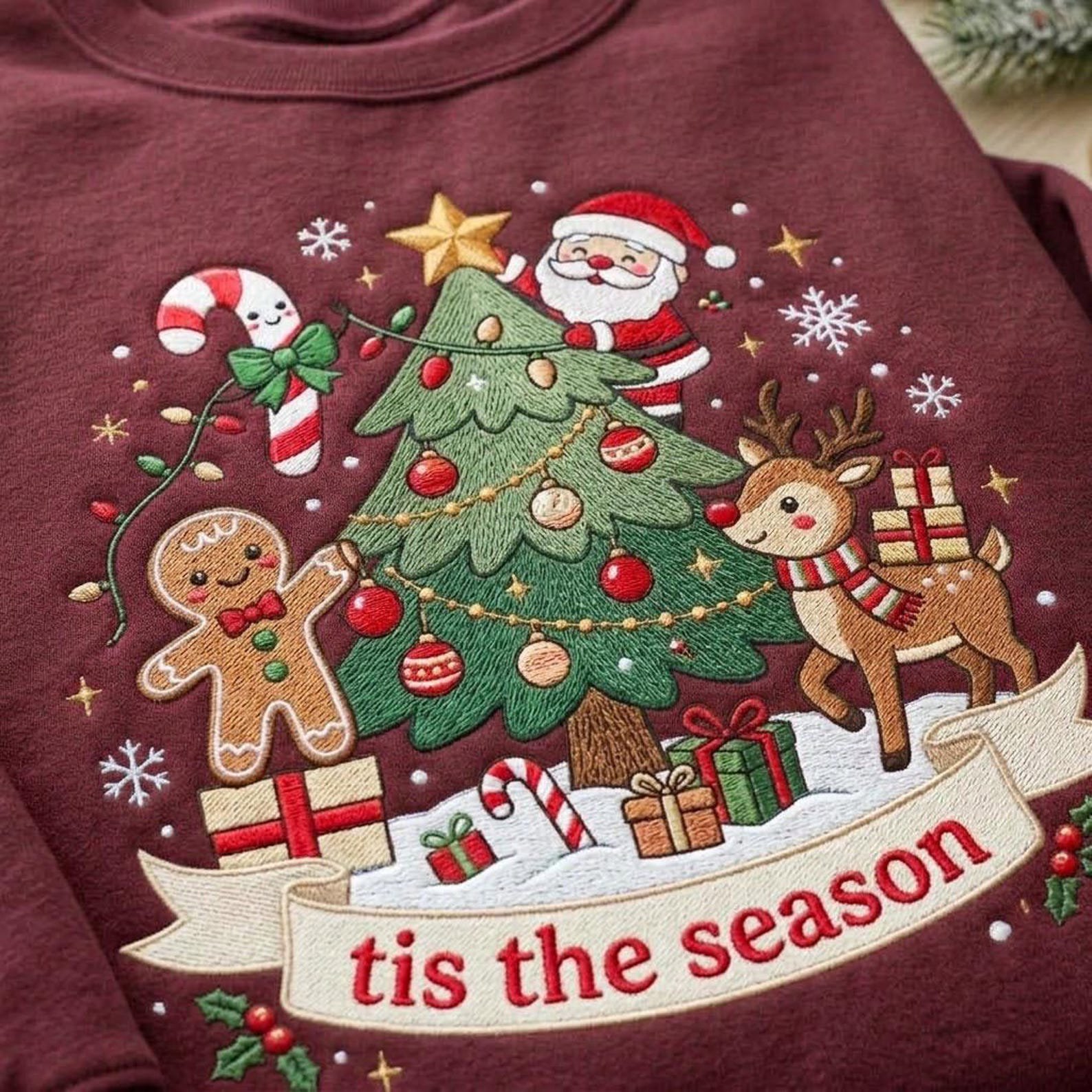 Christmas Tree Embroidered Sweatshirt, Tis The Season Holiday Crewneck, Santa Gingerbread Reindeer Shirt, Festive Winter Xmas Gift 3