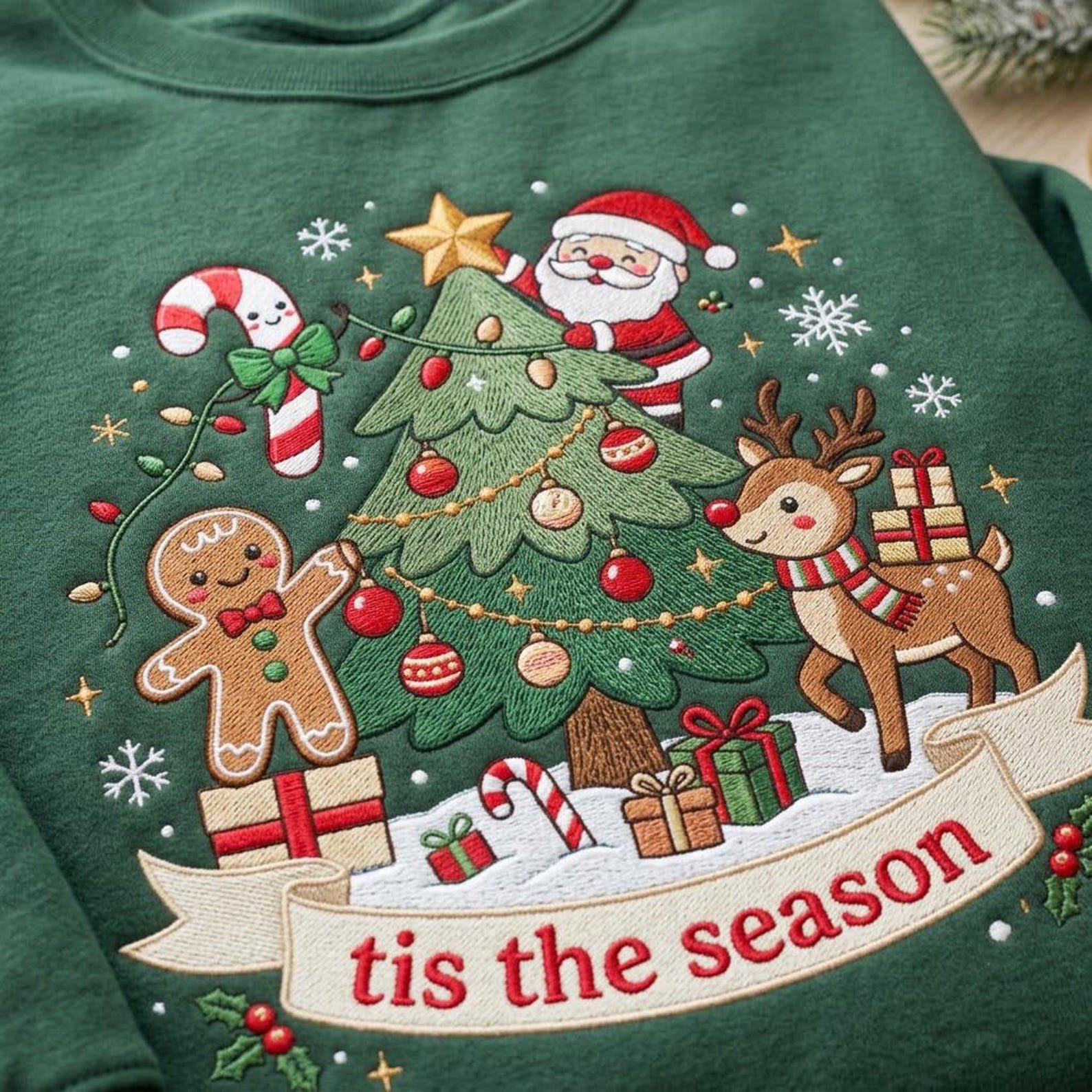 Christmas Tree Embroidered Sweatshirt, Tis The Season Holiday Crewneck, Santa Gingerbread Reindeer Shirt, Festive Winter Xmas Gift 2