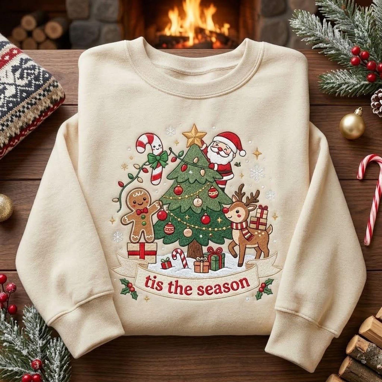 Christmas Tree Embroidered Sweatshirt, Tis The Season Holiday Crewneck, Santa Gingerbread Reindeer Shirt, Festive Winter Xmas Gift 4