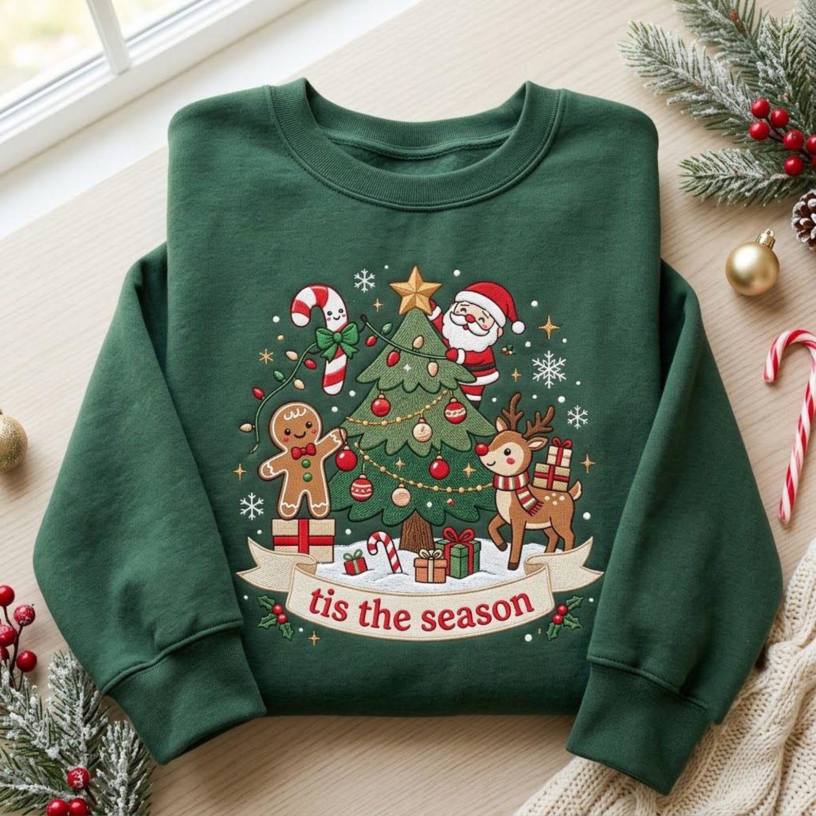 Christmas Tree Embroidered Sweatshirt, Tis The Season Holiday Crewneck, Santa Gingerbread Reindeer Shirt, Festive Winter Xmas Gift 5
