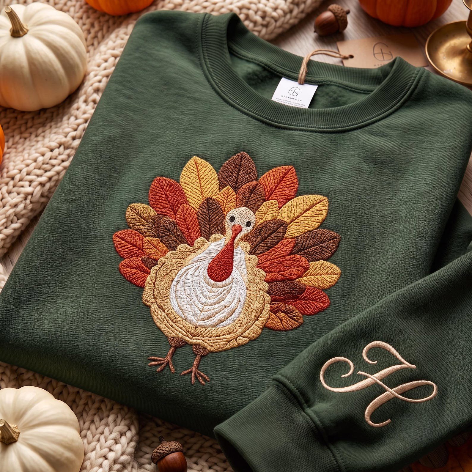 Custom Name Turkey Sweatshirt, Embroidered Thanksgiving Crewneck, Custom Harvest Dinner Gift for Mom, Farm Aesthetic Turkey 1