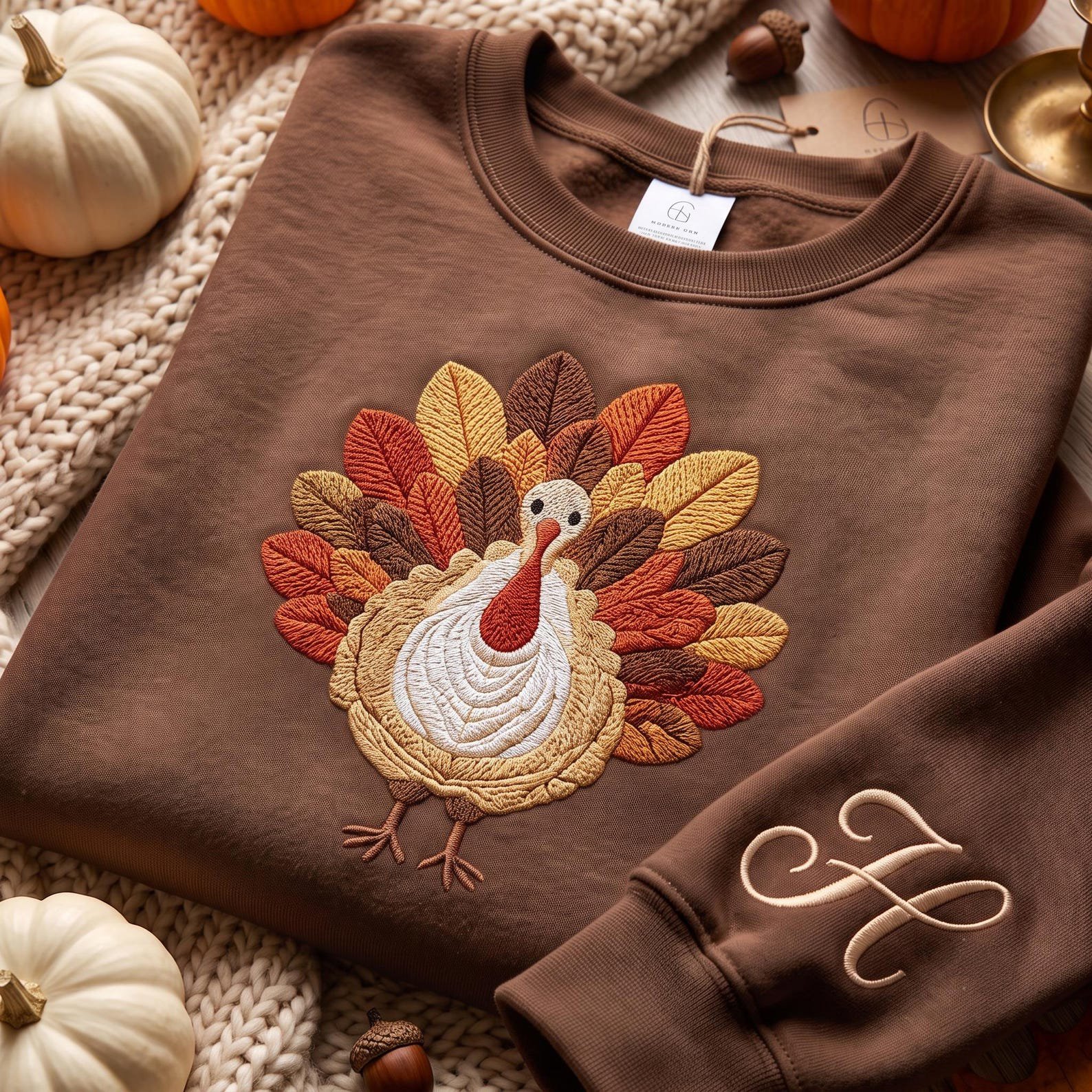 Custom Name Turkey Sweatshirt, Embroidered Thanksgiving Crewneck, Custom Harvest Dinner Gift for Mom, Farm Aesthetic Turkey 3
