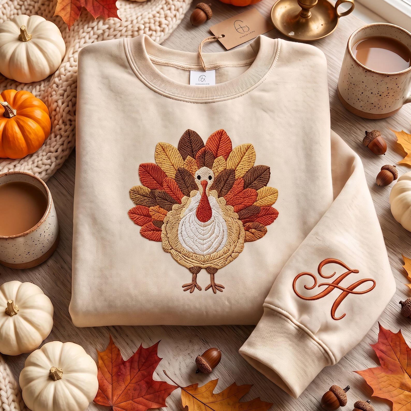 Custom Name Turkey Sweatshirt, Embroidered Thanksgiving Crewneck, Custom Harvest Dinner Gift for Mom, Farm Aesthetic Turkey 2
