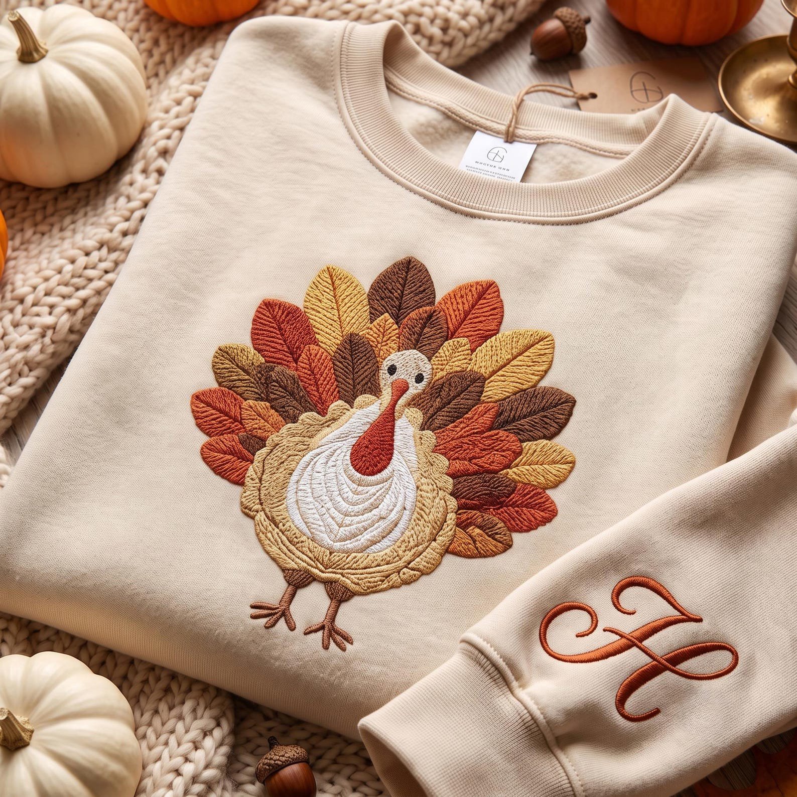 Custom Name Turkey Sweatshirt, Embroidered Thanksgiving Crewneck, Custom Harvest Dinner Gift for Mom, Farm Aesthetic Turkey 4