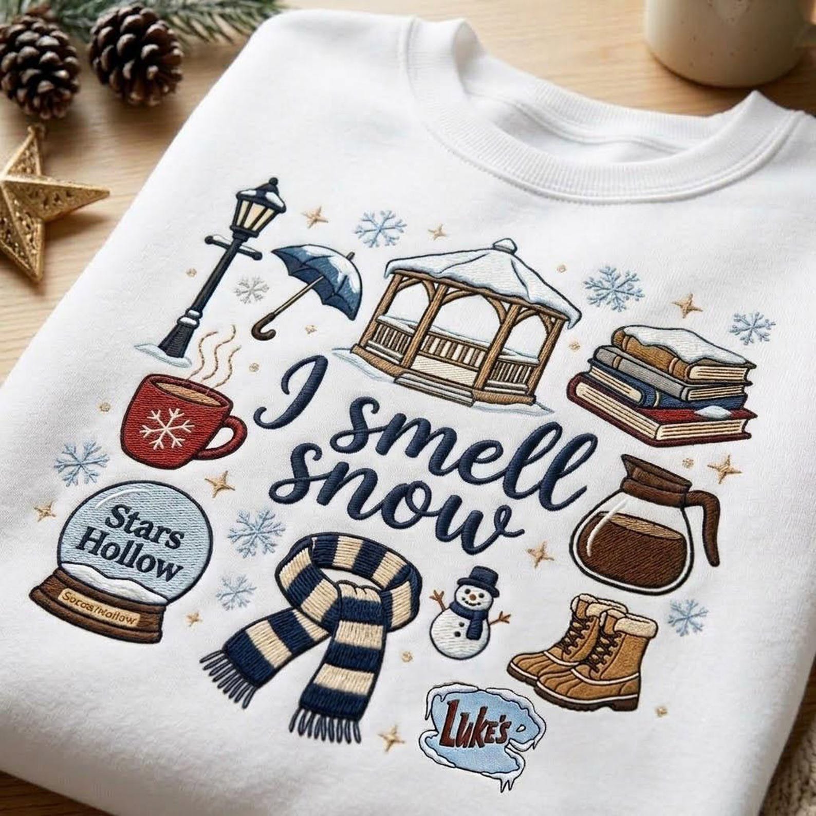Stars Hollow Embroidered Sweatshirt, I Smell Snow Winter Crewneck, Gilmore Girls Inspired Cozy Pullover, Luke's Coffee Fan Gift Idea 3