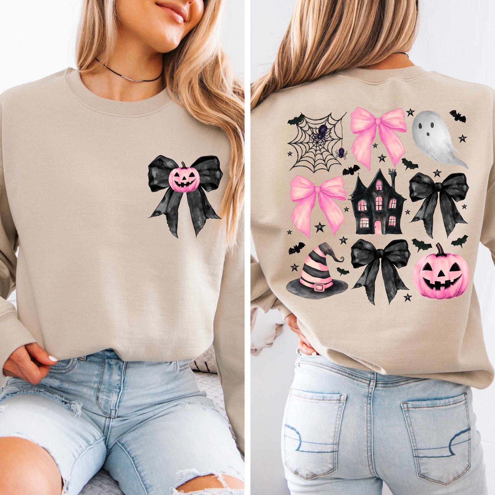 Coquette Pink Halloween Sweatshirt, Front and Back Bow Ghost Shirt 2