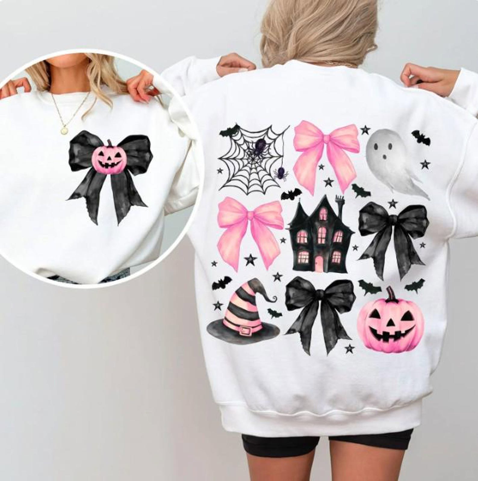 Coquette Pink Halloween Sweatshirt, Front and Back Bow Ghost Shirt 1