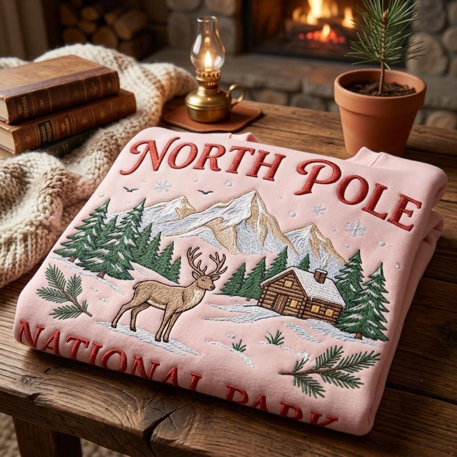 North Pole National Park Embroidered Sweatshirt, Reindeer Mountain Cabin Crewneck, Vintage Christmas Outdoors Holiday Pullover 3