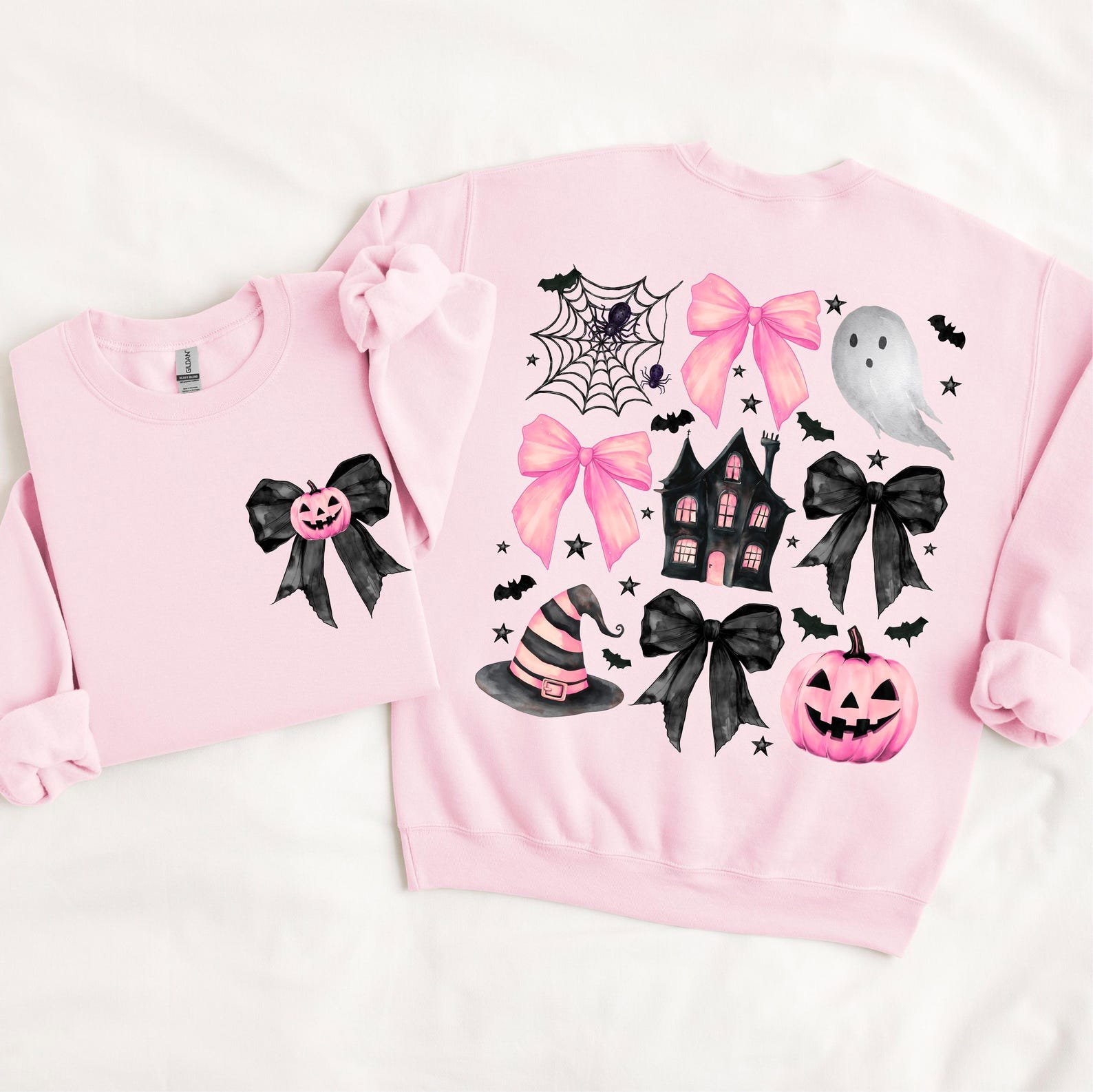 Coquette Pink Halloween Sweatshirt, Front and Back Bow Ghost Shirt 5