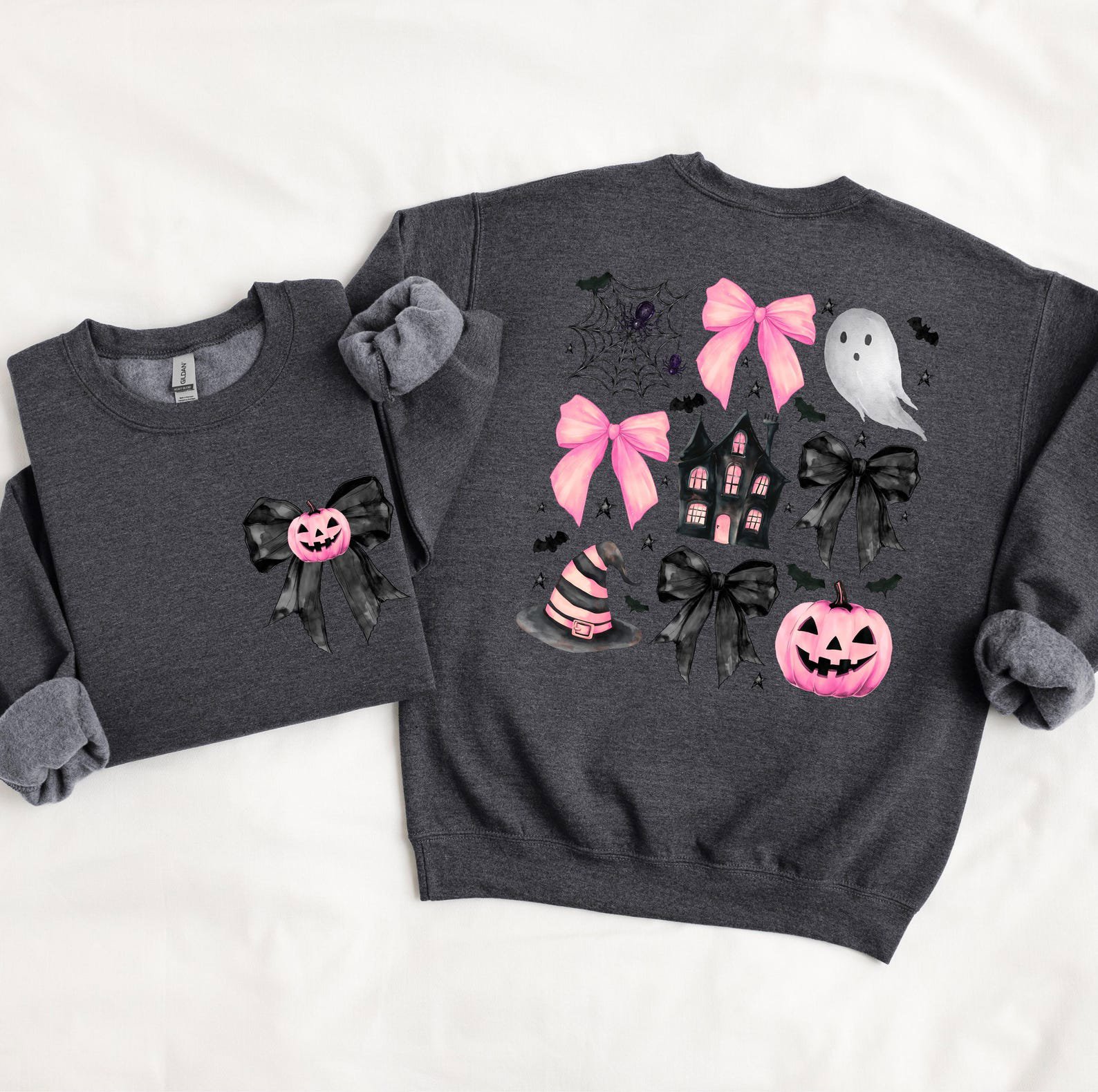 Coquette Pink Halloween Sweatshirt, Front and Back Bow Ghost Shirt 6