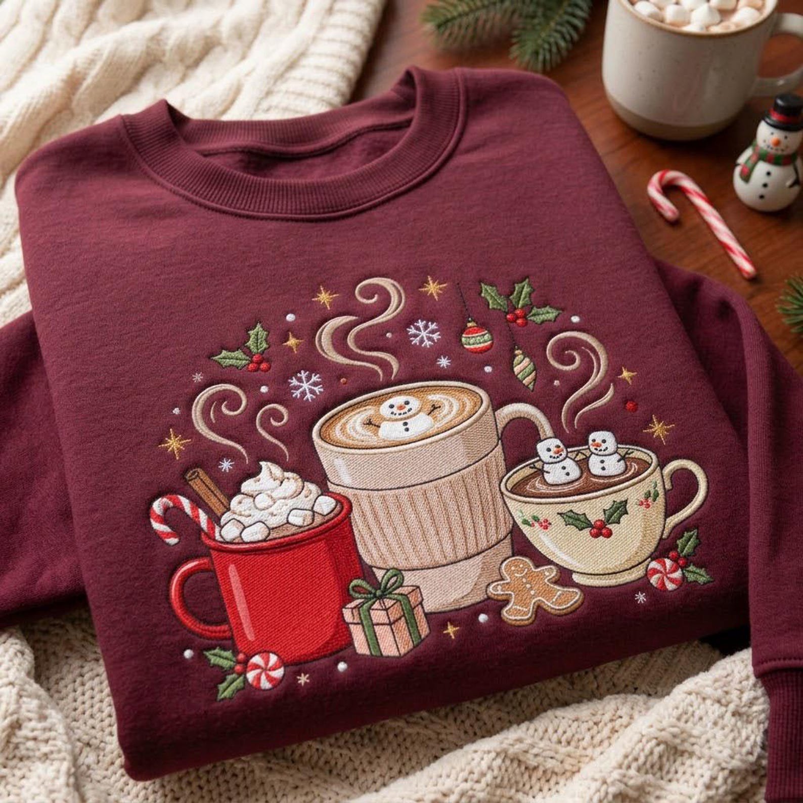 Holiday Coffee Embroidered Sweatshirt, Christmas Hot Cocoa Mug Crewneck, Cozy Winter Drink Shirt, Festive Coffee Lover Gift 3